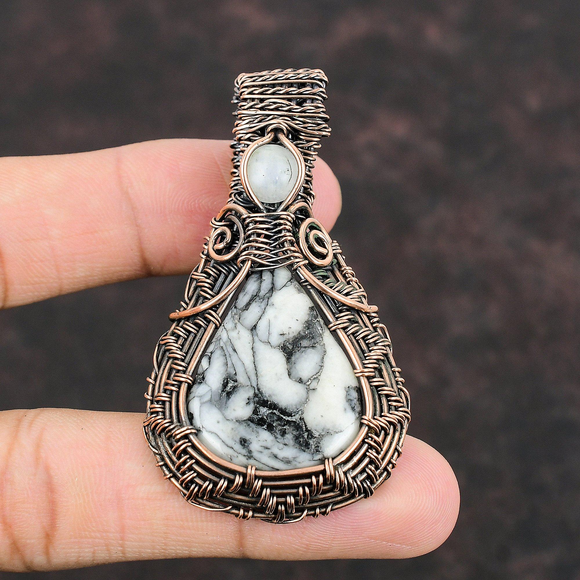 Подвеска из яшмы Pinolith, медная проволока, обернутая драгоценным камнем, дизайнерская подвеска ручной работы, радужный лунный камень, ювелирное украшение в подарок для нее, медные украшения