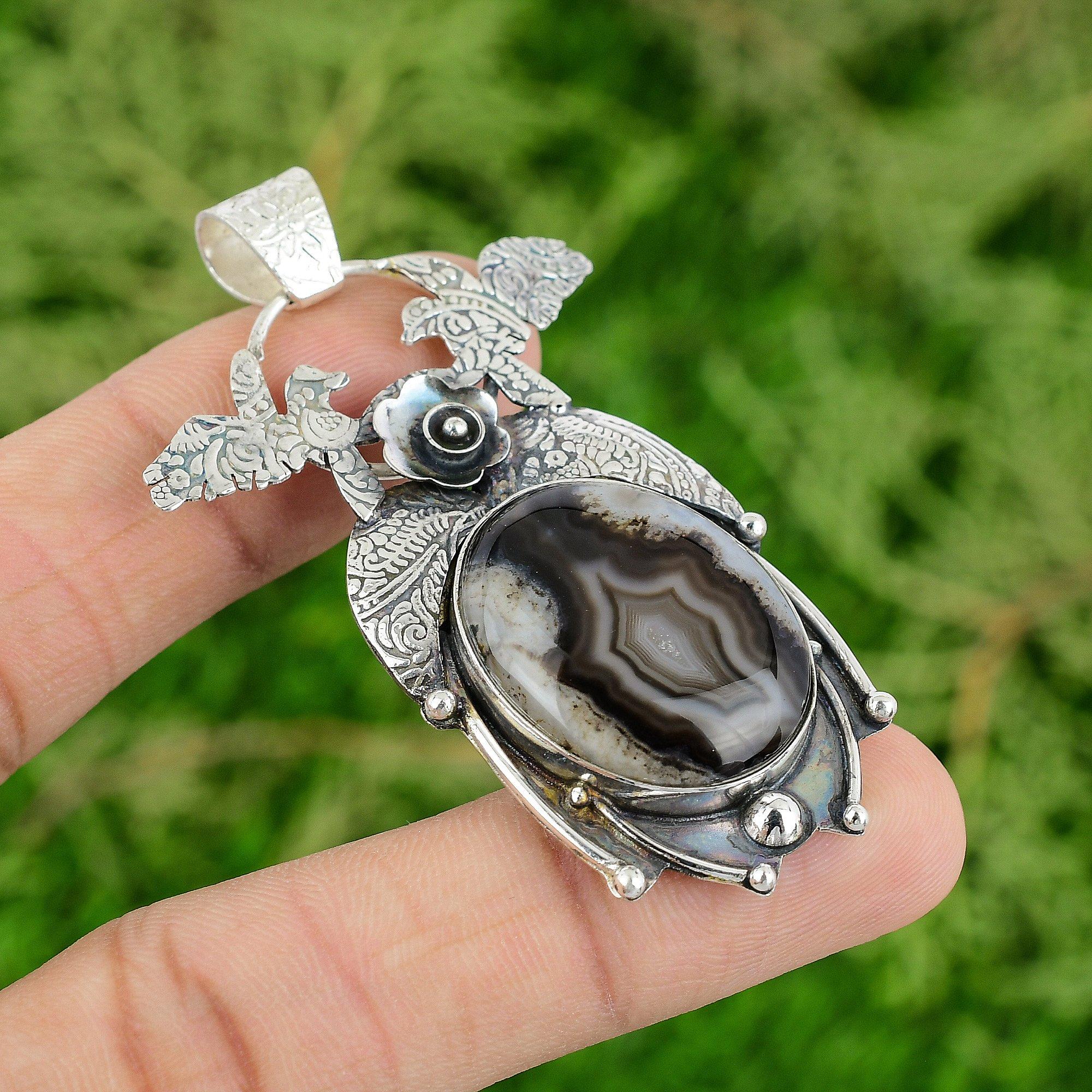 День сестер Распродажа Овальный камень Ботсванский агат Стерлинговое серебро Элегантный новый кулон