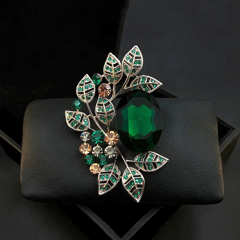 Women Men Rhinestone Leaves Badges Brooch Jewelry Unisex Vintage Crystal Shiny Corsage Pins Gift