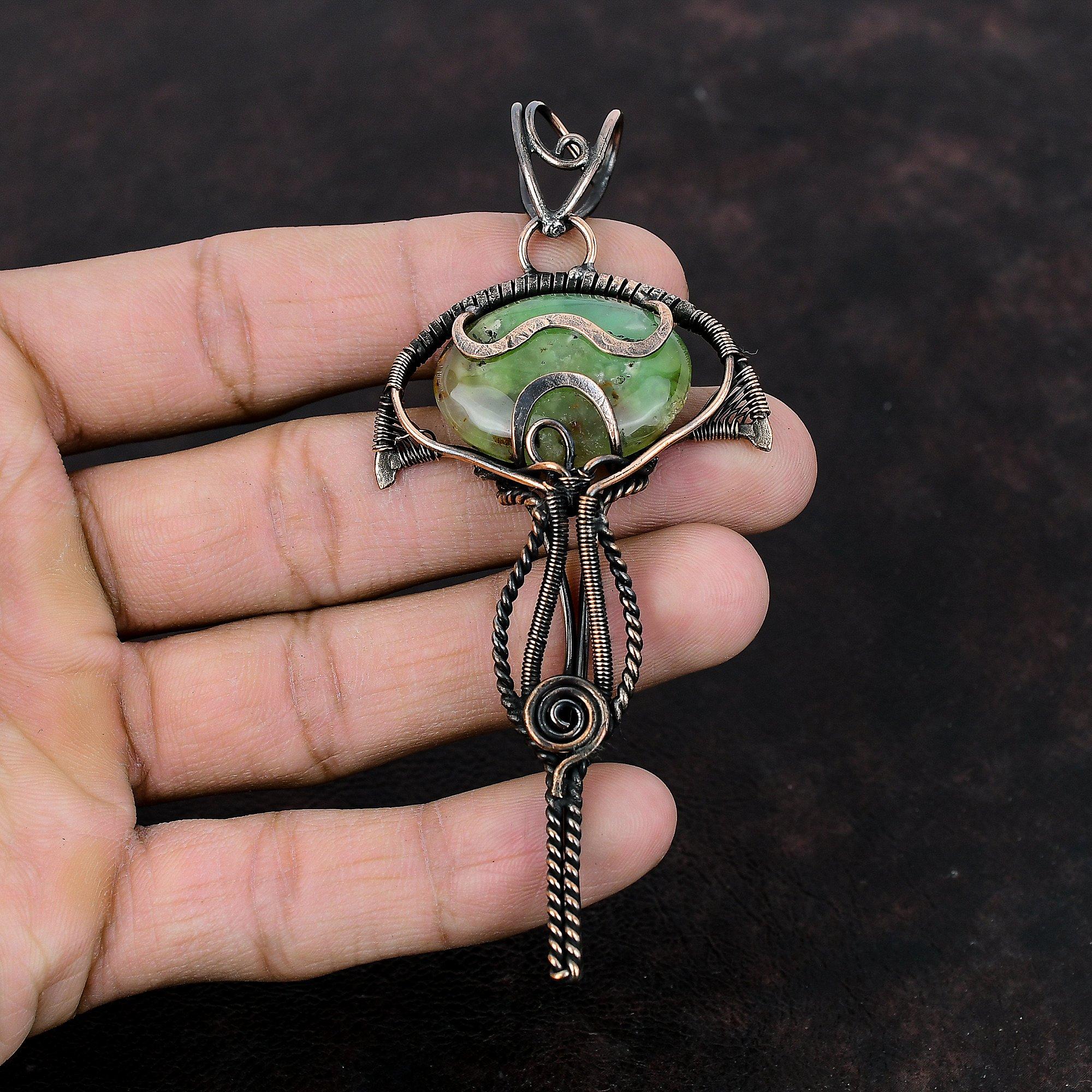 Подвеска из хризопраза Boulder, подвеска из медной проволоки, ювелирное изделие ручной работы, подвеска из драгоценного камня, подвеска из медной проволоки для женщин, подарок для мамы