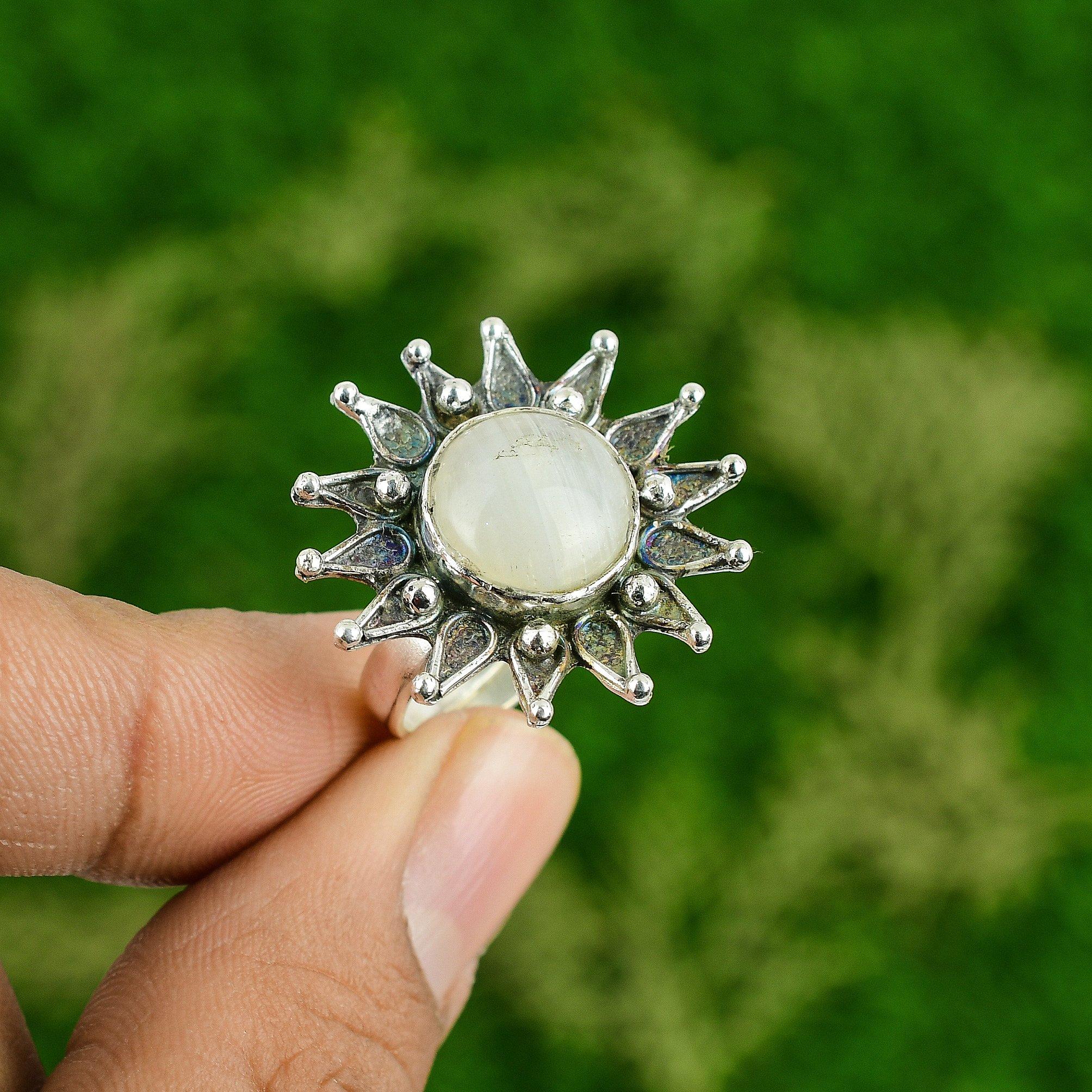 Подарок для нее Кольцо-обещание из серебра 925 пробы с натуральным радужным лунным камнем в виде цветка, регулируемое