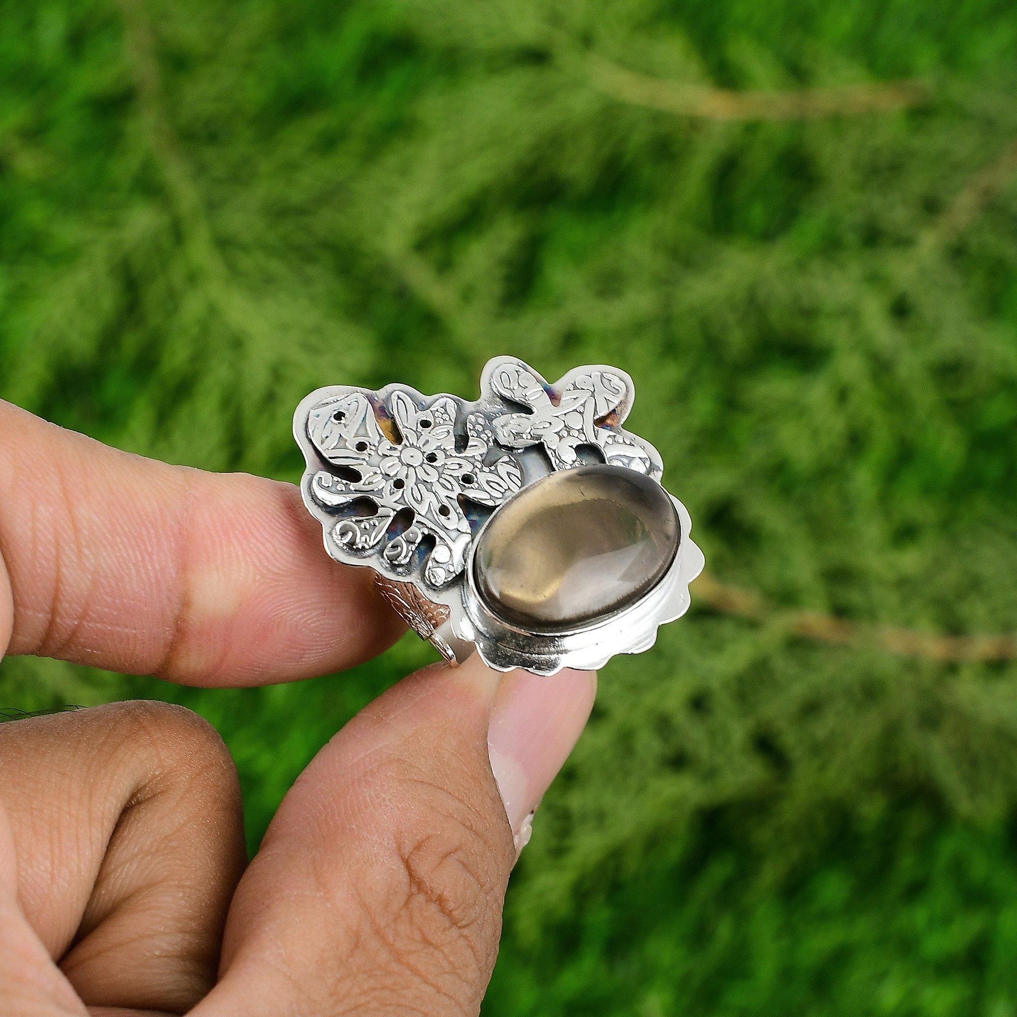 Natural Smoky Quartz Gemstone Statement Adjustable Ring 925 Silver For Girls