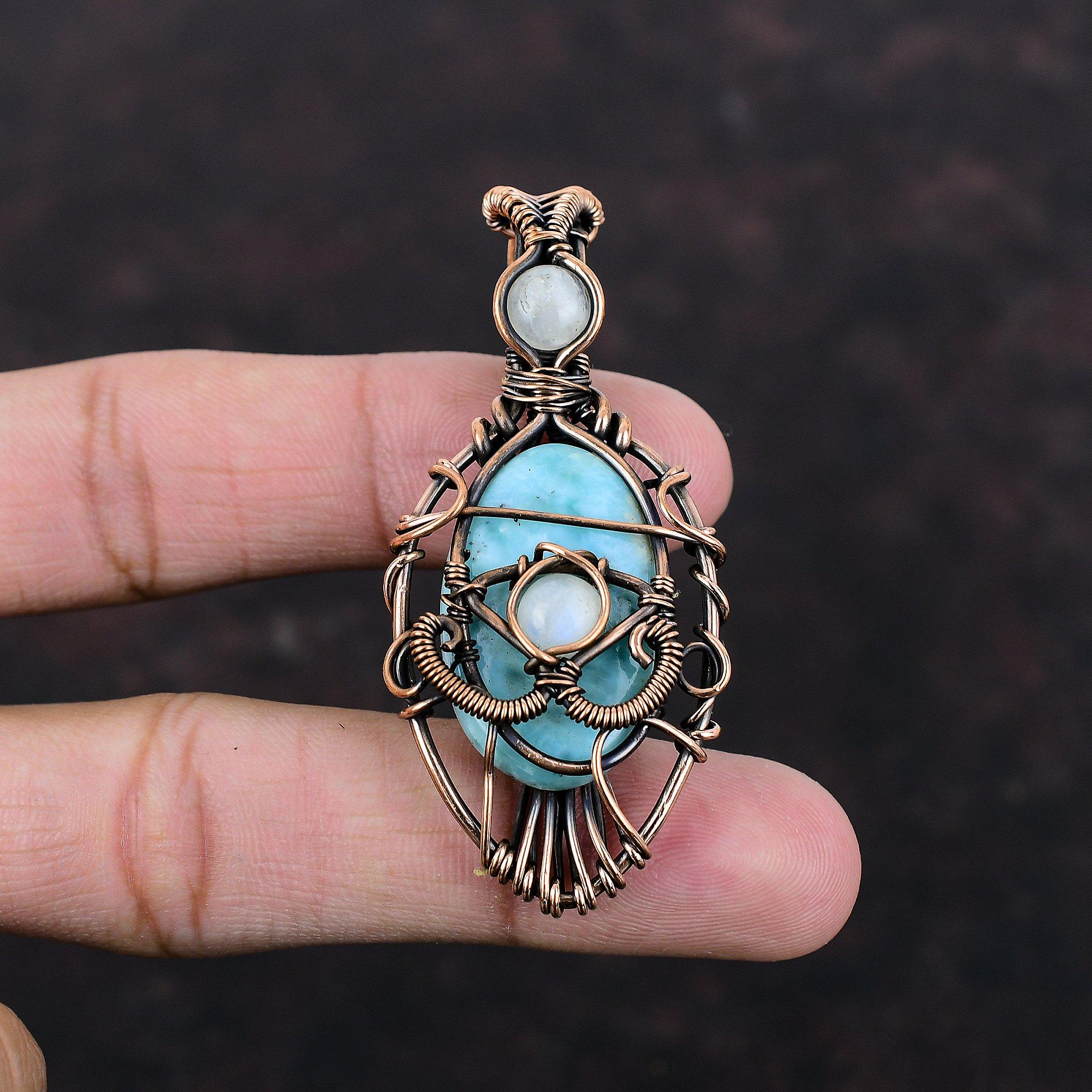 Подвеска с ларимаром от сглаза, медная проволока, ювелирное изделие, драгоценный камень, подвеска ручной работы, радужный лунный камень, подарочная подвеска, медная проволока, обернутая в рулон