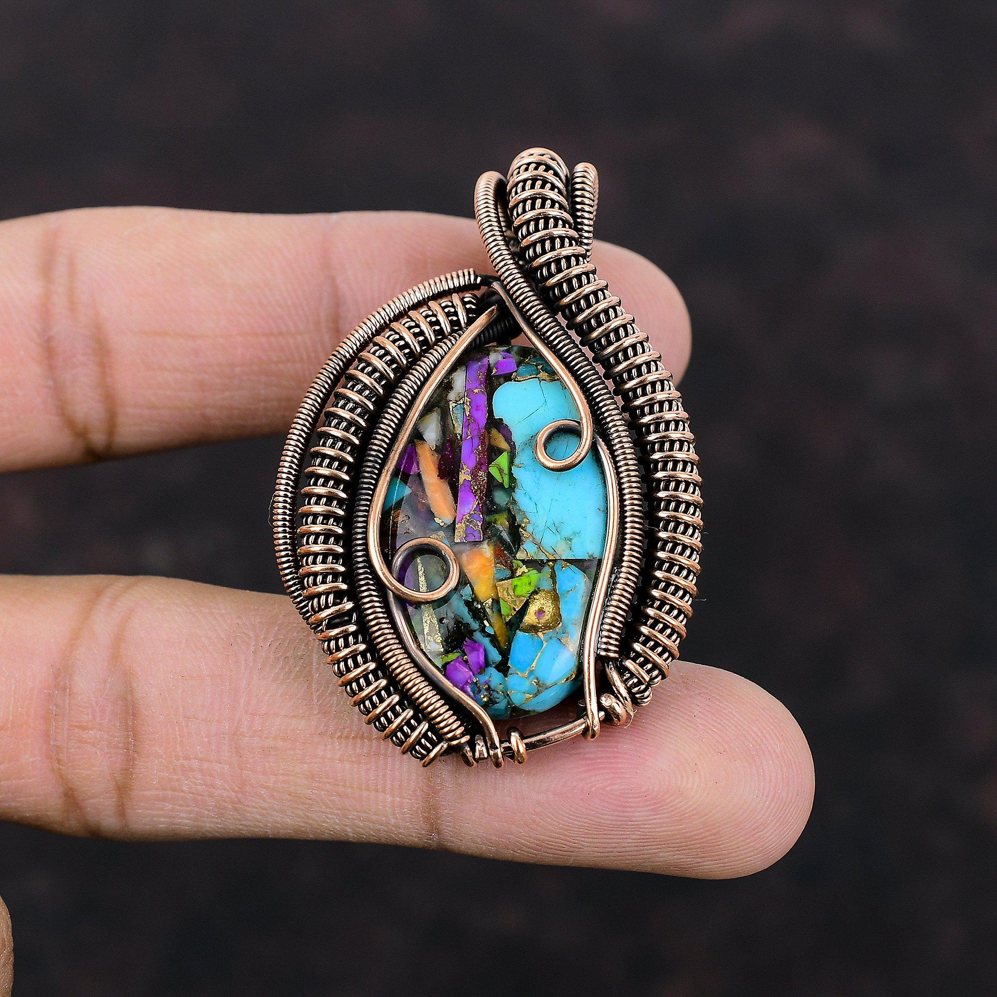Fiesta Kingman Turquoise Pendant Copper Wire Wrapped Gemstone Pendant Multi Copper Turquoise Pendant Handmade Copper Jewelry Engagement Gift