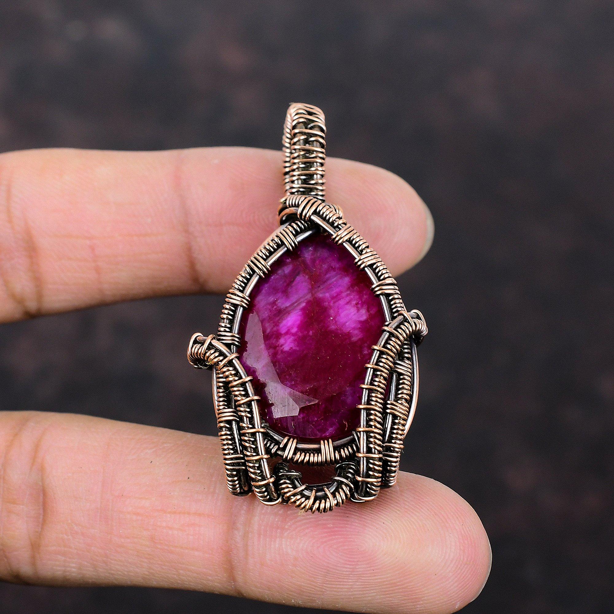 Faceted Kashmir Ruby Pendant Copper Wire Wrapped Pendant Antique Copper Jewelry Handmade Pendant Wire Wrapped Gemstone Jewelry Gift For Her