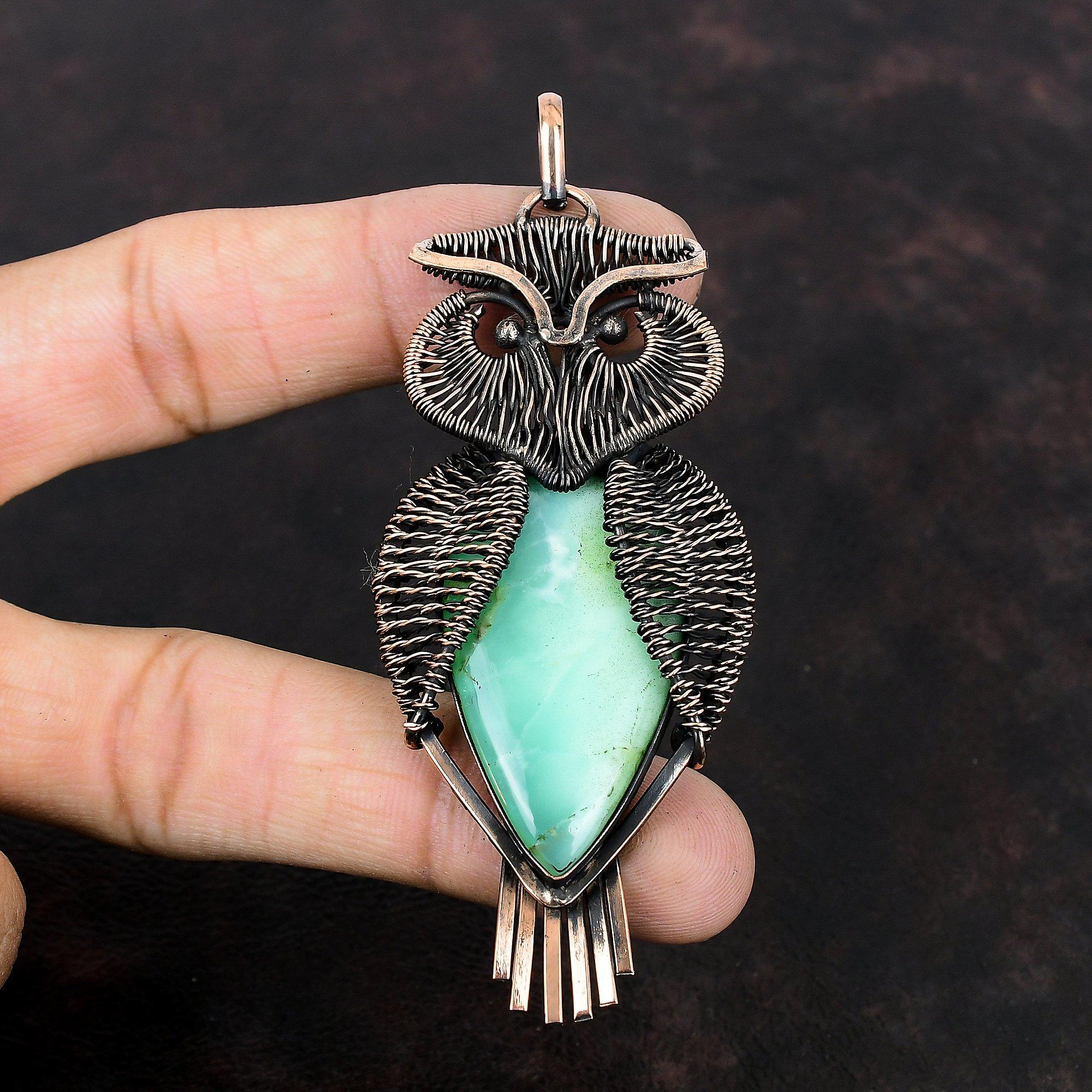 Кулон с хризопразом, медная проволока, кулон, драгоценный камень, кулон в виде совы, медная подвеска ручной работы, дизайнерский кулон, ювелирный подарок для него
