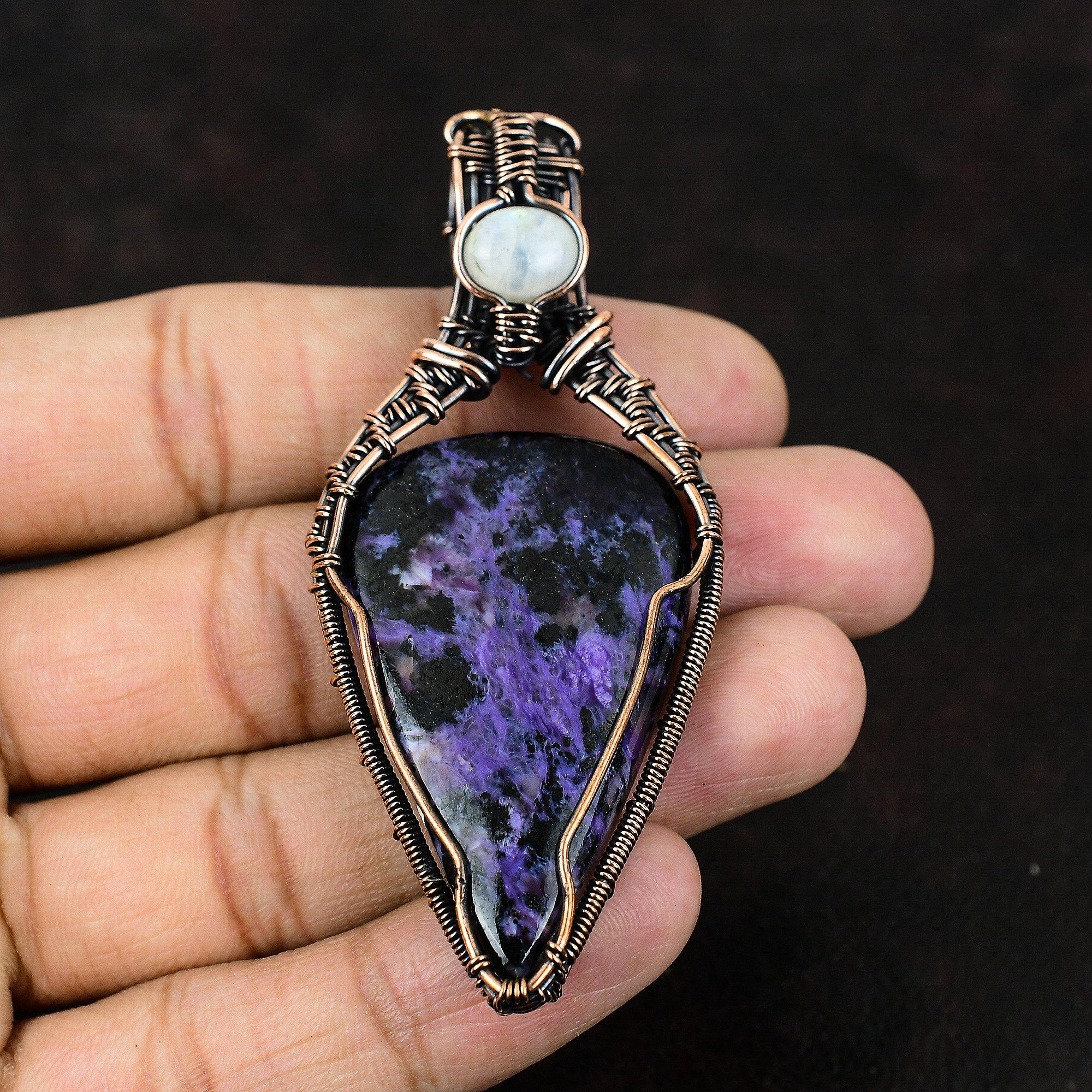 Подвеска из медной проволоки с чароитом, оригинальные ювелирные изделия из драгоценных камней, подвеска из проволочной обмотки ручной работы, ювелирное изделие из лунного камня, подарок для мамы, ювелирные изделия с чароитом