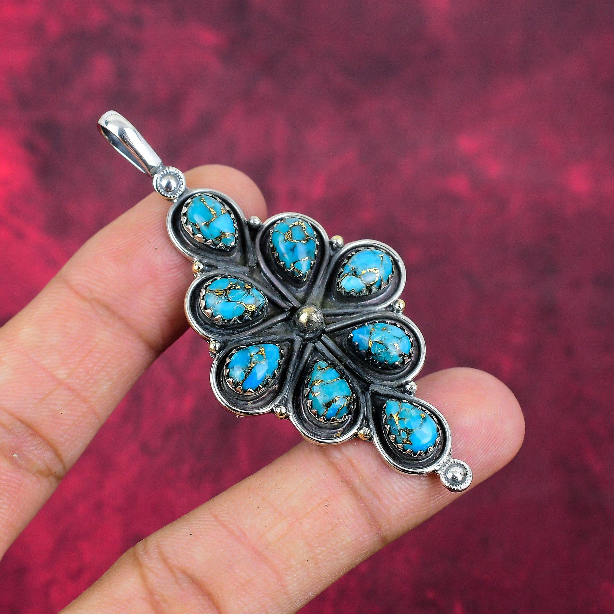 Голубой медный бирюзовый кулон ручной работы с драгоценными камнями, 925 пробы серебряный кулон, старинные ювелирные изделия, для подарка на помолвку