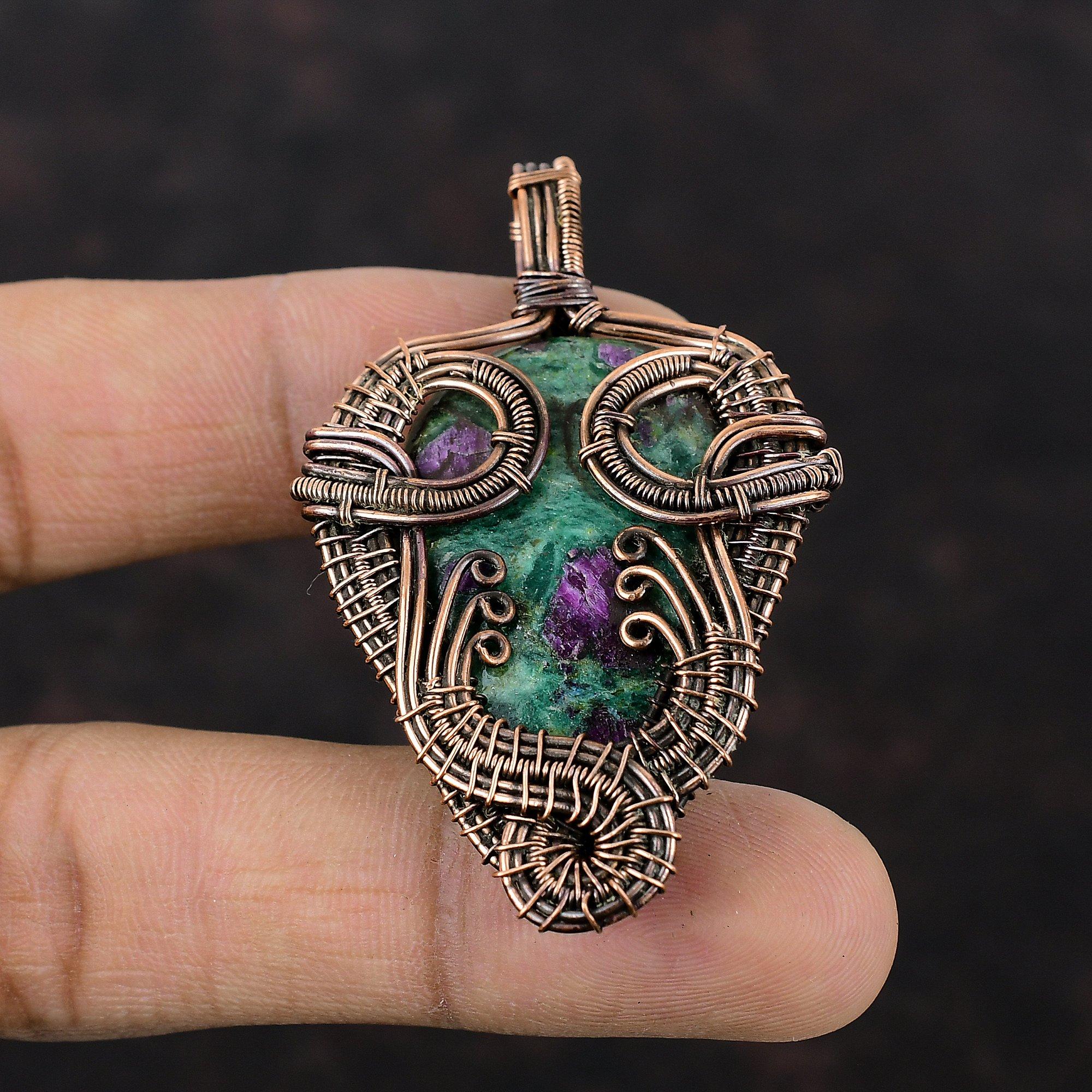 Подвеска из рубина и фуксита, обернутая медной проволокой, ручная работа, медные украшения, подвеска из натурального драгоценного камня, украшения в технике wire wrap, уникальная подвеска для подарка