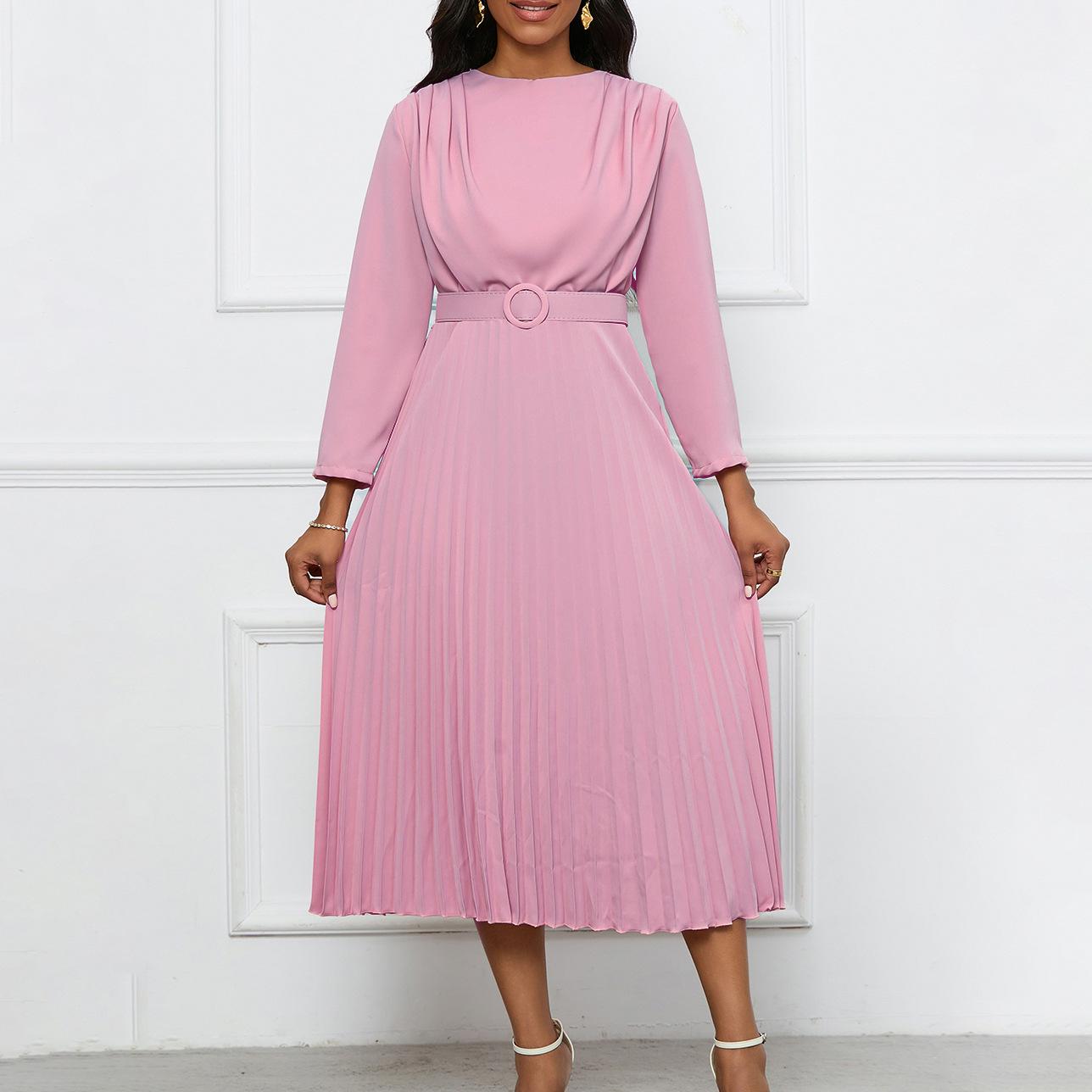 Women's Dress Spring and Autumn Temperament Elegant Pressed Pleated Commuter OL Solid Colour Plus Size Dresses