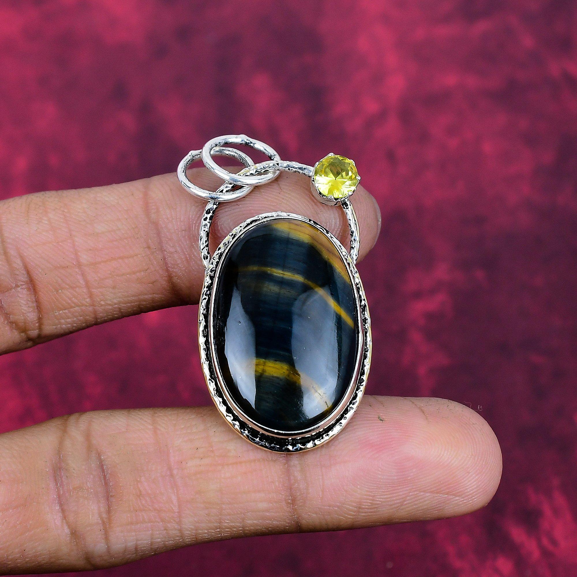 Blue Tiger Eye &  Citrine Pendant, 925 Sterling Silver Pendant Jewelry. Gift For Women Handmade Pendant Gemstone Jewelry