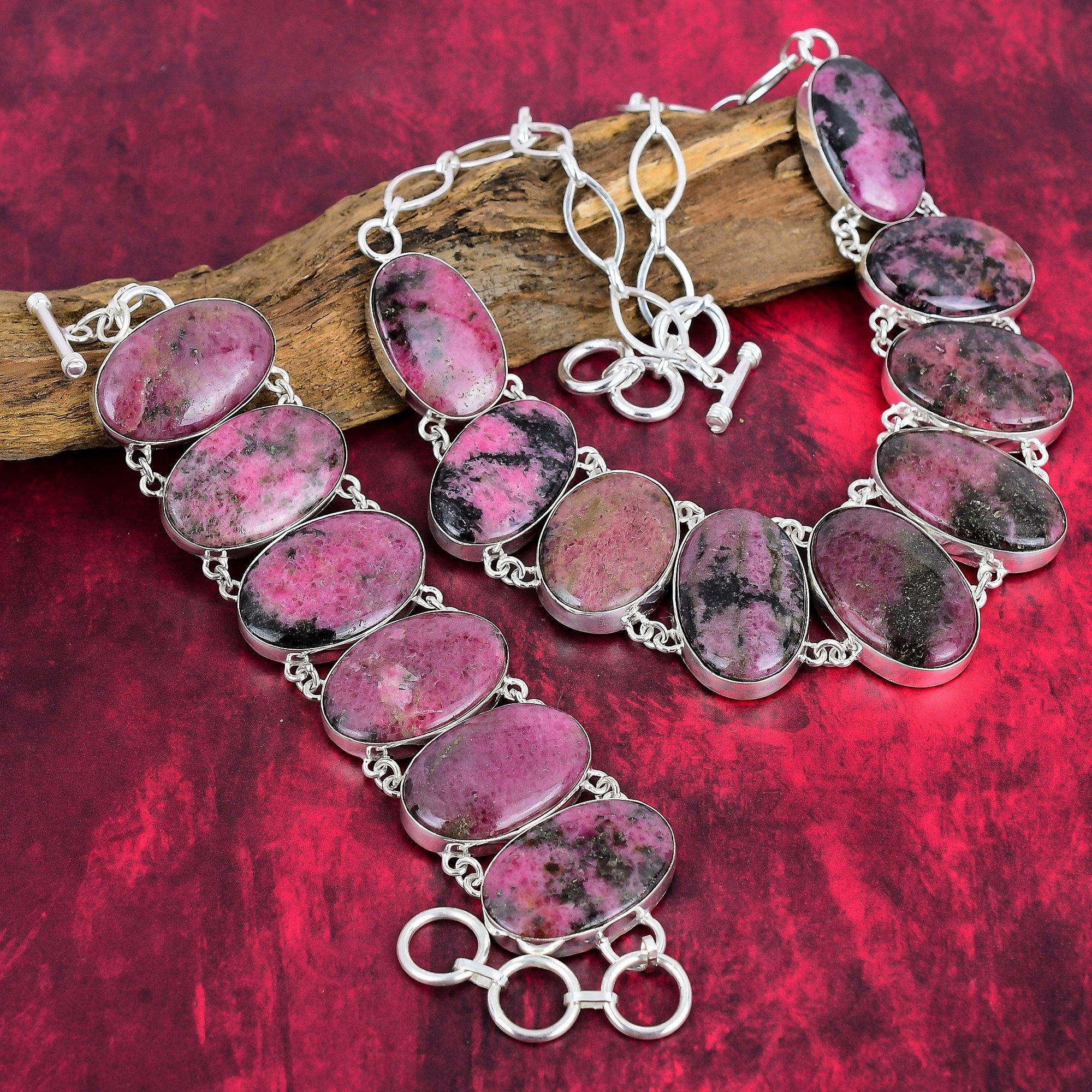 Ювелирные изделия ручной работы с родонитом, комплект ожерелья и браслета из стерлингового серебра 925 пробы, красивые украшения из натуральных драгоценных камней для свадебного подарка