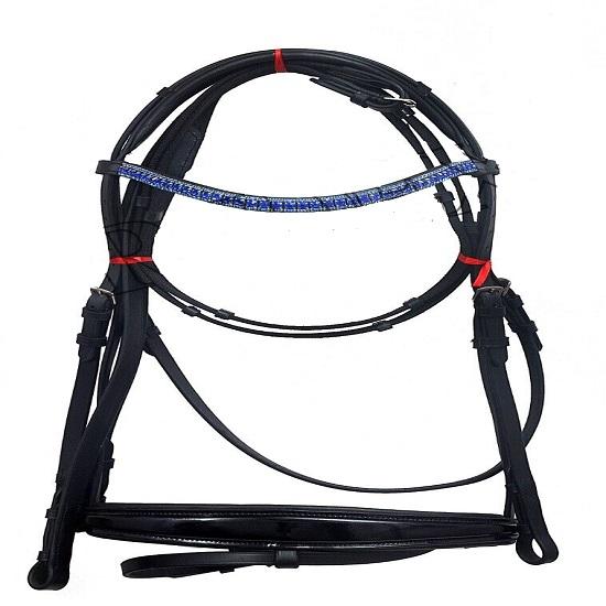 Dressage Leather Horse Bridle With 3 Row Blue Chain Brow-band All Sizes For Horse