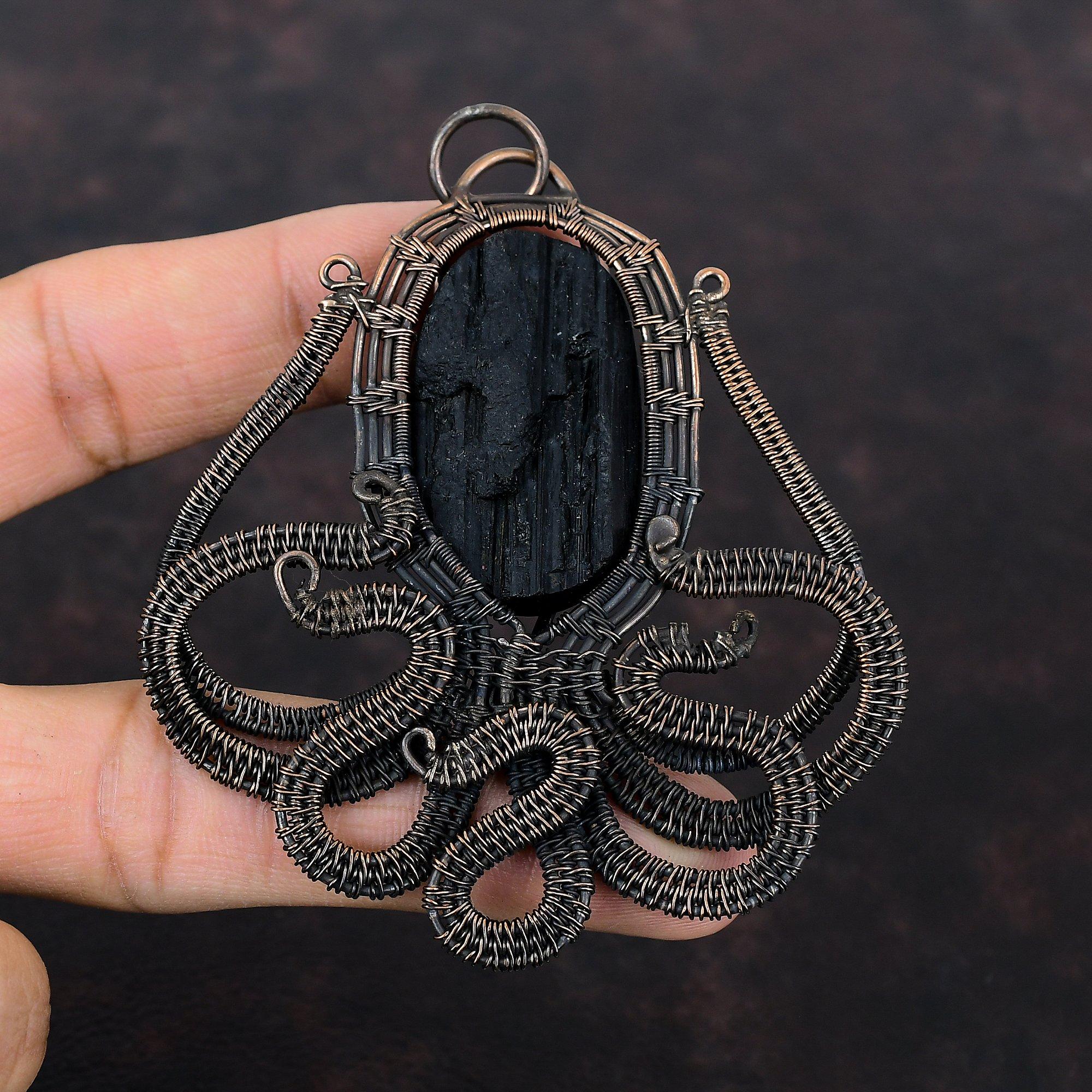 Black Tourmaline Rough Pendant Copper Wire Wrapped Pendant Octopus Pendant Antique Copper Jewelry Handmade Pendant Gemstone Pendant For Gift