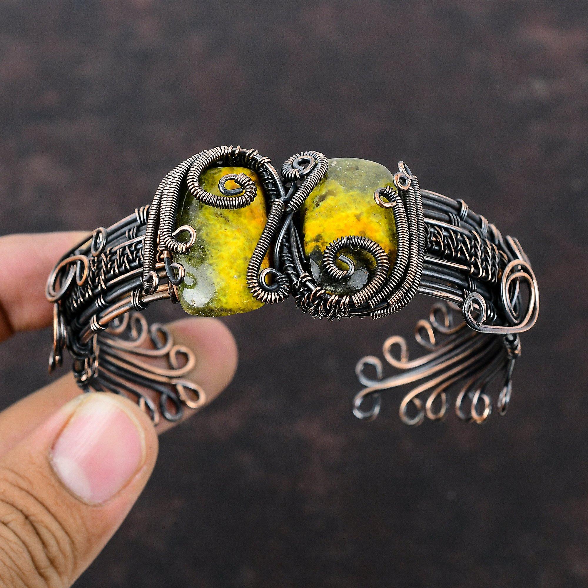 Браслет из яшмы с драгоценными камнями, браслет-манжета из медной проволоки, браслет ручной работы, регулируемый браслет, подарок на помолвку, антикварные медные украшения