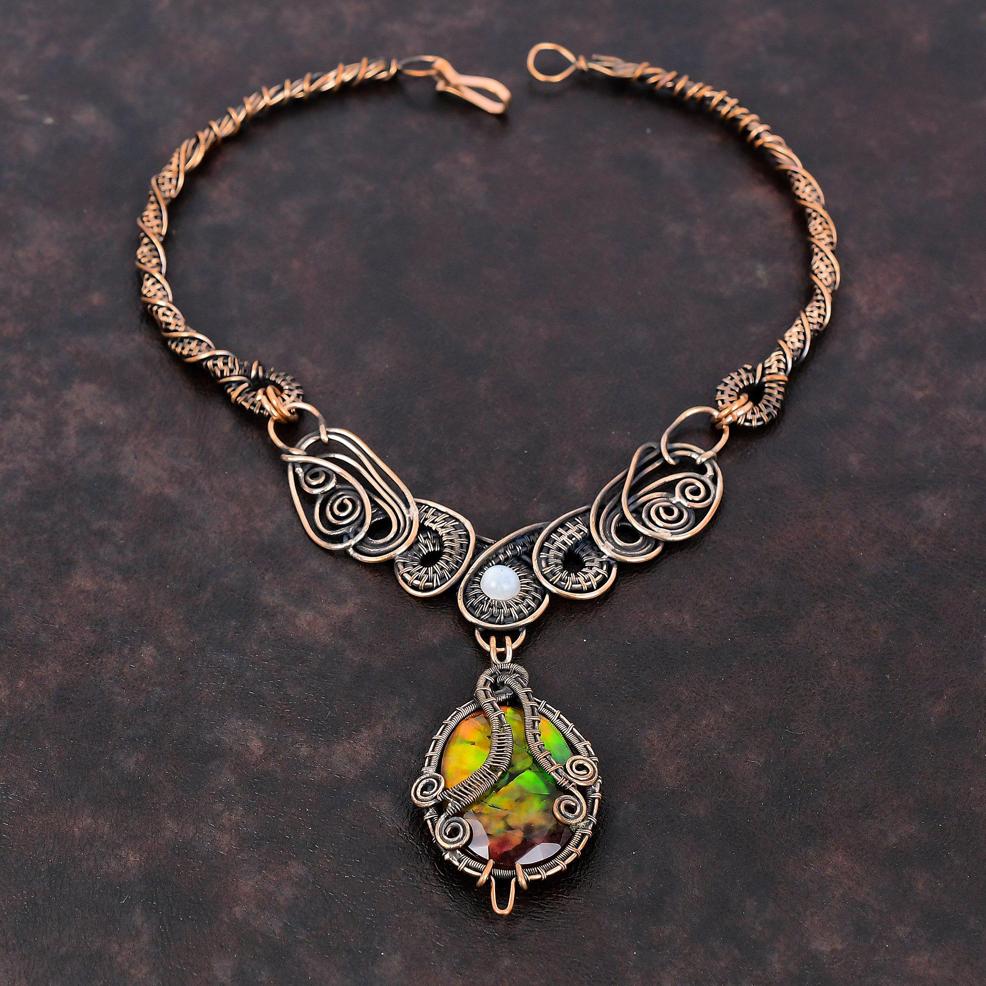 Faceted Ammolite Necklace Copper Wire Wrapped Necklace Rainbow Moonstone Jewelry Gemstone Necklace Handmade Copper Jewelry Anniversary Gift