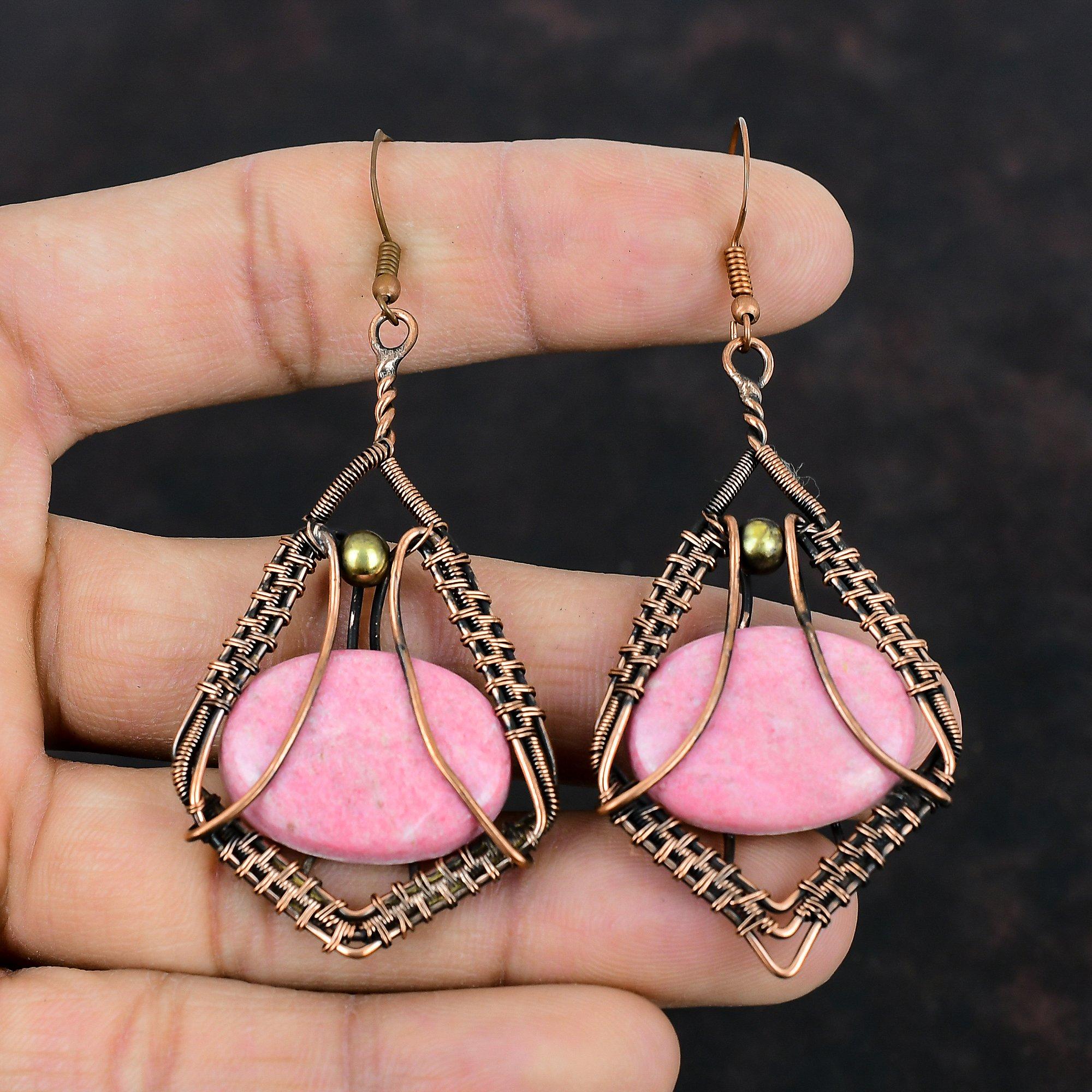 Серьги из тулита, серьги из медной проволоки, красивые медные украшения, серьги из натуральных драгоценных камней, украшения ручной работы в этническом стиле, подарки для жены