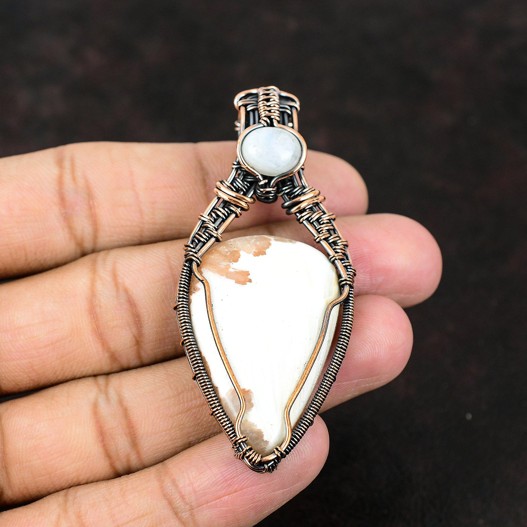 Подвеска из медной проволоки сколецита, ювелирные изделия из медной проволоки, ювелирные изделия из медной проволоки, подвеска из радужного лунного камня, кулон ручной работы, подарок