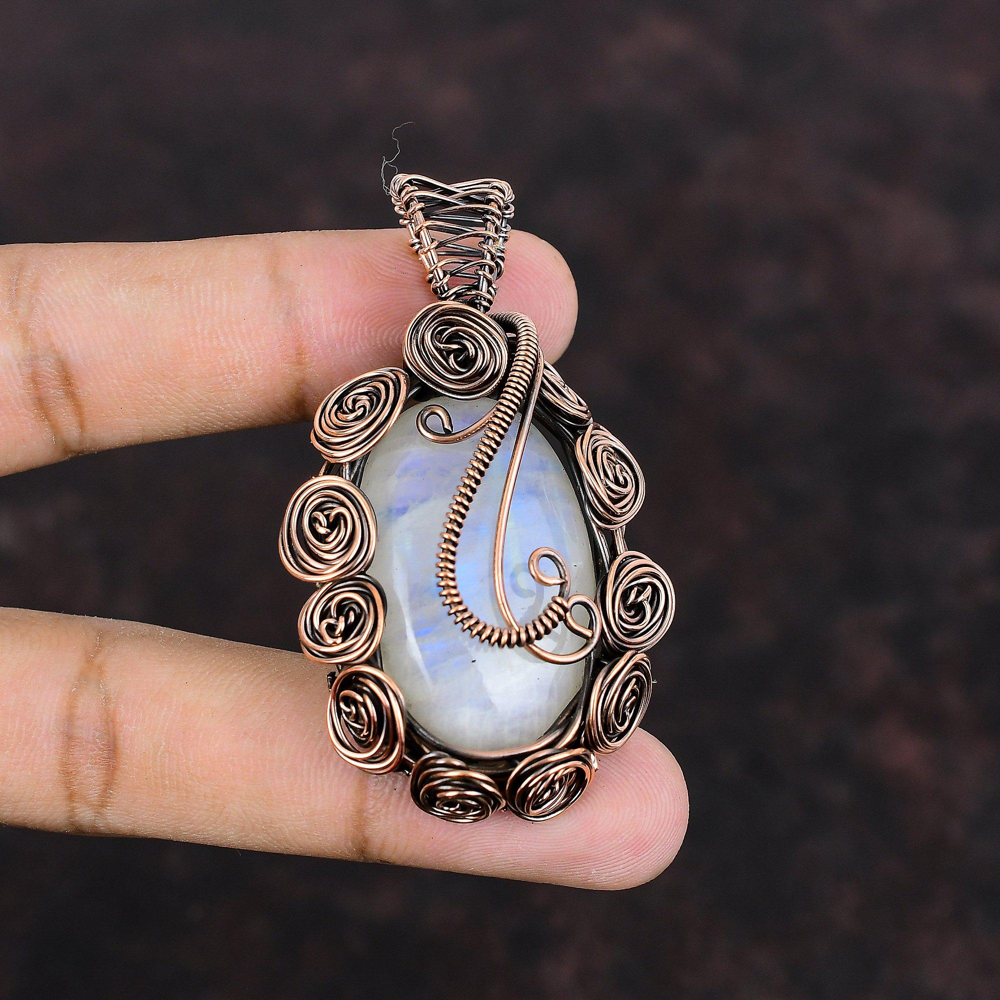 Подвеска Rainbow Moonstone, медная проволочная обертка, подвеска из драгоценного камня, ручная работа, медные украшения, подарок для мамы, изящная подвеска, проволочная обертка, ювелирные изделия