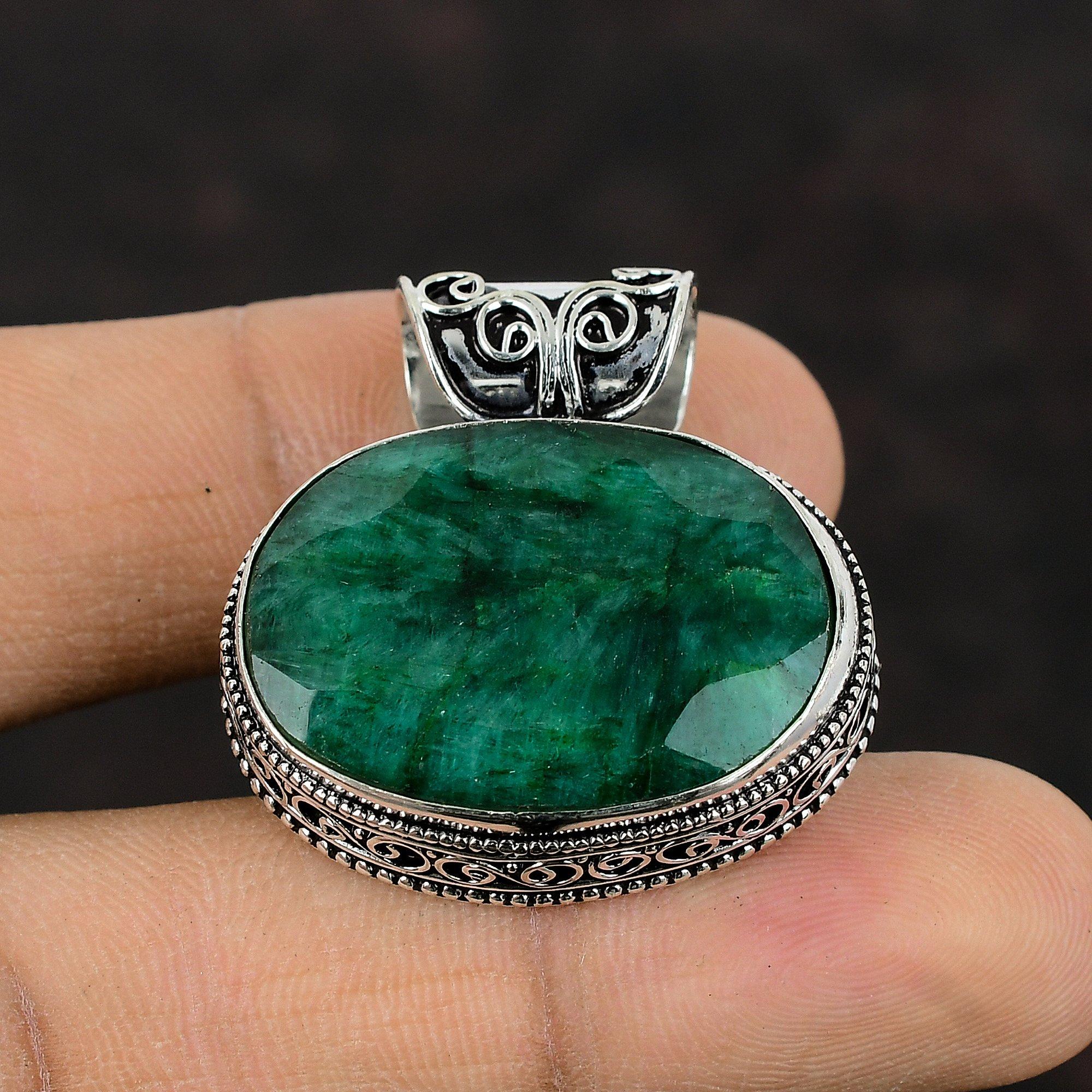 Ограненный замбийский изумрудный кулон, ювелирные изделия из драгоценных камней, винтажный кулон из стерлингового серебра 925 пробы, этнический ювелирный подарок для мамы, кулон ручной работы