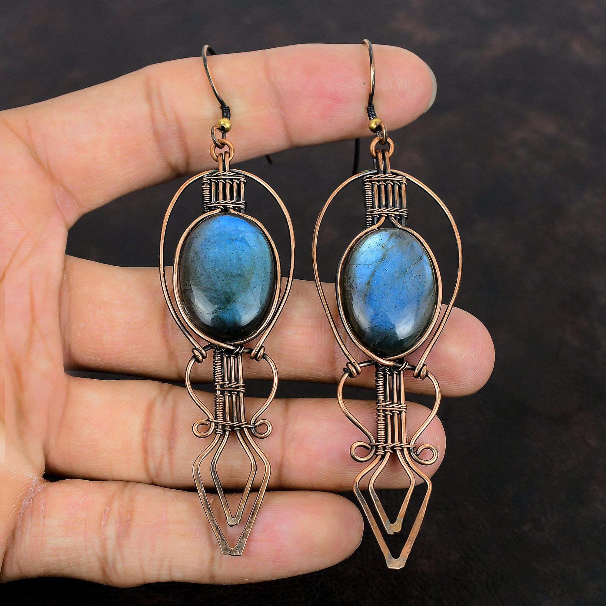 Серьги с лабрадоритом, медная проволока, серьги с драгоценными камнями, медные украшения, серьги ручной работы, подарок для нее, дизайнерские серьги, ювелирные изделия, завернутые в проволоку