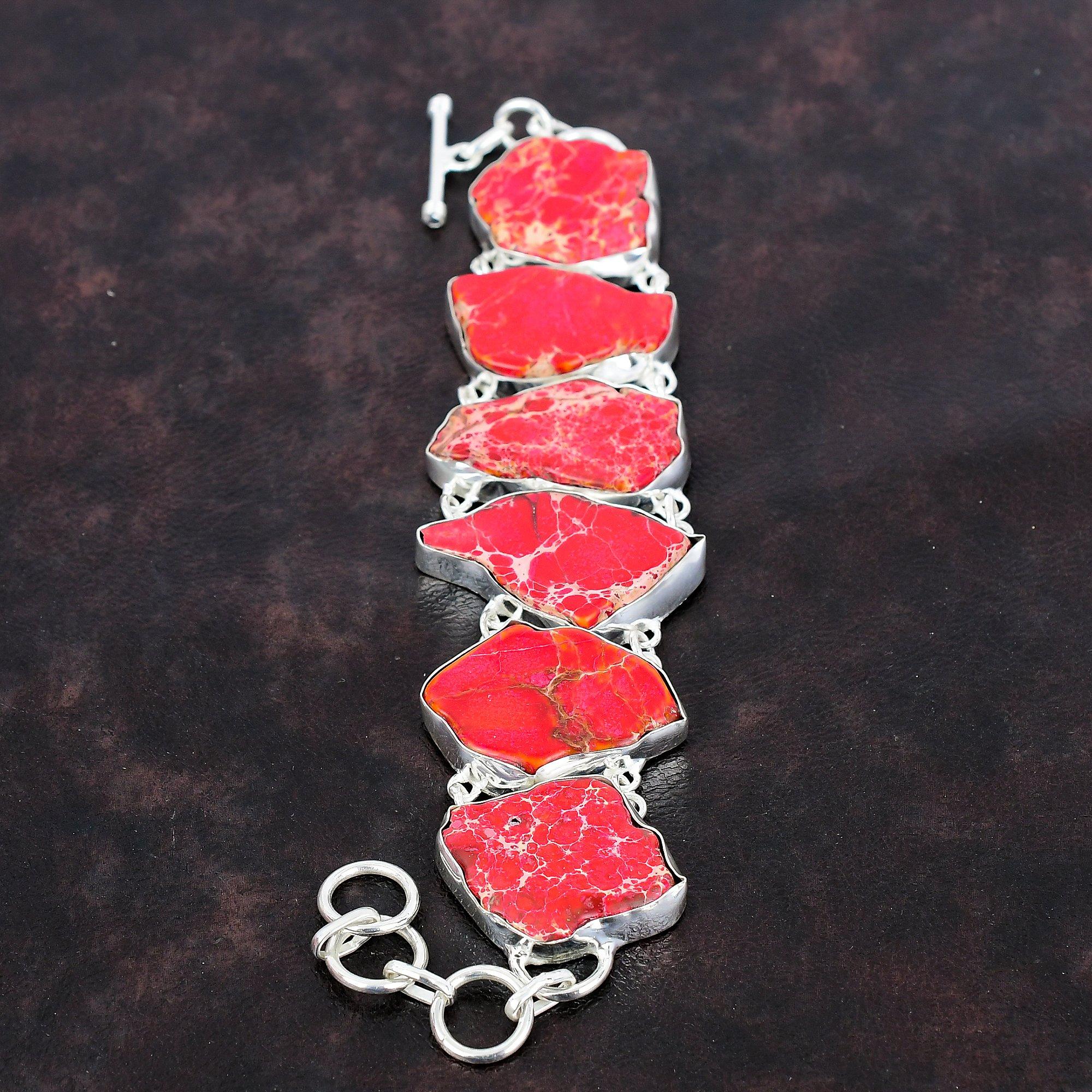 Браслет из яшмы из осадков Красного моря Браслет ручной работы из драгоценных камней Браслет из стерлингового серебра 925 пробы Регулируемый браслет-цепочка Бохо Ювелирный подарок для него