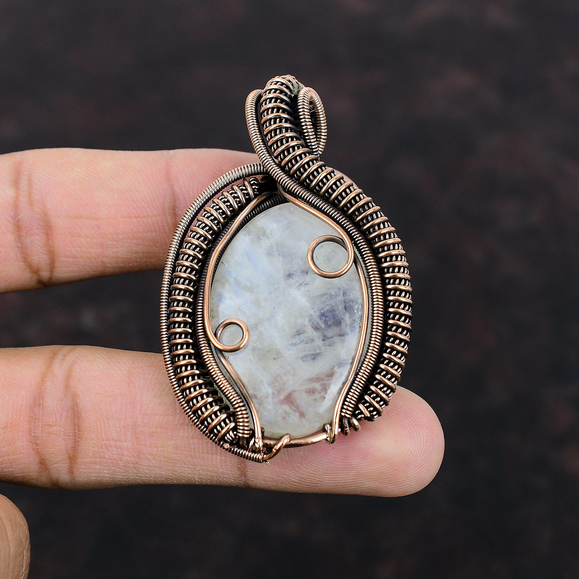 Подвеска Rainbow Moonstone, медная проволока, обернутая подвеской из драгоценных камней, ювелирные изделия ручной работы, достойный кулон в подарок для мамы, подвеска из драгоценных камней, медные ювелирные изделия