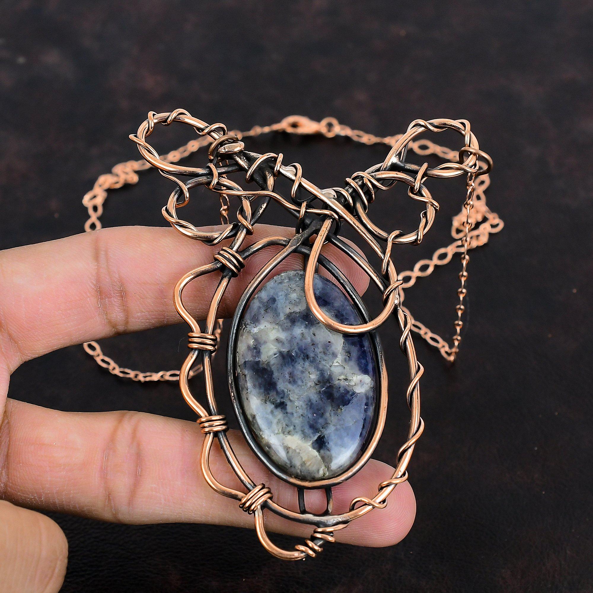 Иолит Солнечный камень Медное ожерелье Проволочное ожерелье Ювелирные изделия из драгоценных камней Регулируемое ожерелье Ручной работы Ожерелье для подарков Уникальные медные украшения