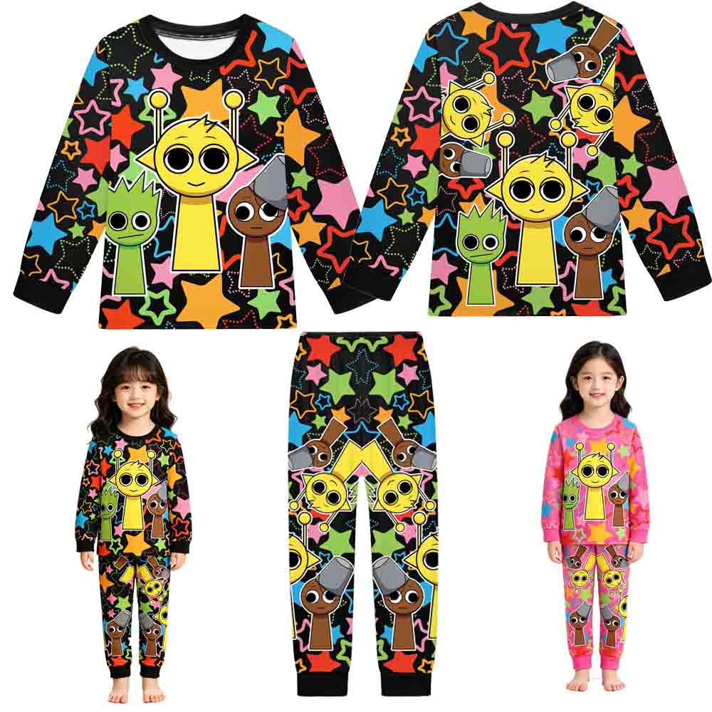 Kids Sprunki Cosplay 2Pcs Outfit Long Sleeve Top Pants Set Teen Girls Boys Casual Home Pajamas For Older Children