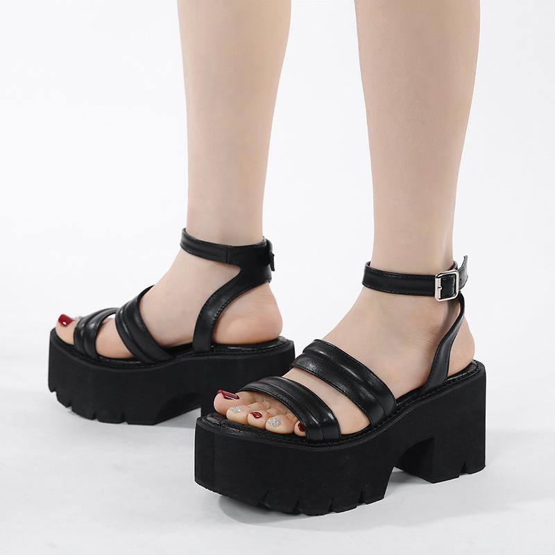 Gdgydh Женские сандалии на платформе и массивном каблуке с пряжкой и ремешком, модные повседневные женские сандалии в стиле панк с открытым носком, с двойной ремешком
