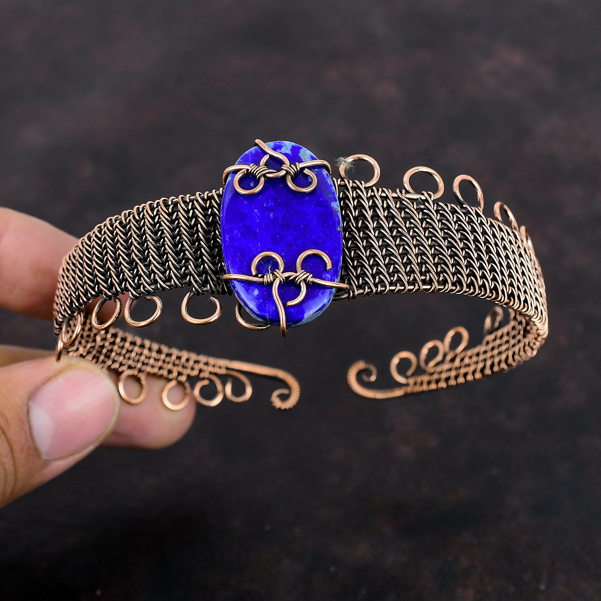 Браслет из лазурита, медная проволока, браслет-манжета, браслет из натурального драгоценного камня, регулируемый браслет ручной работы, уникальные медные украшения, подарок для нее