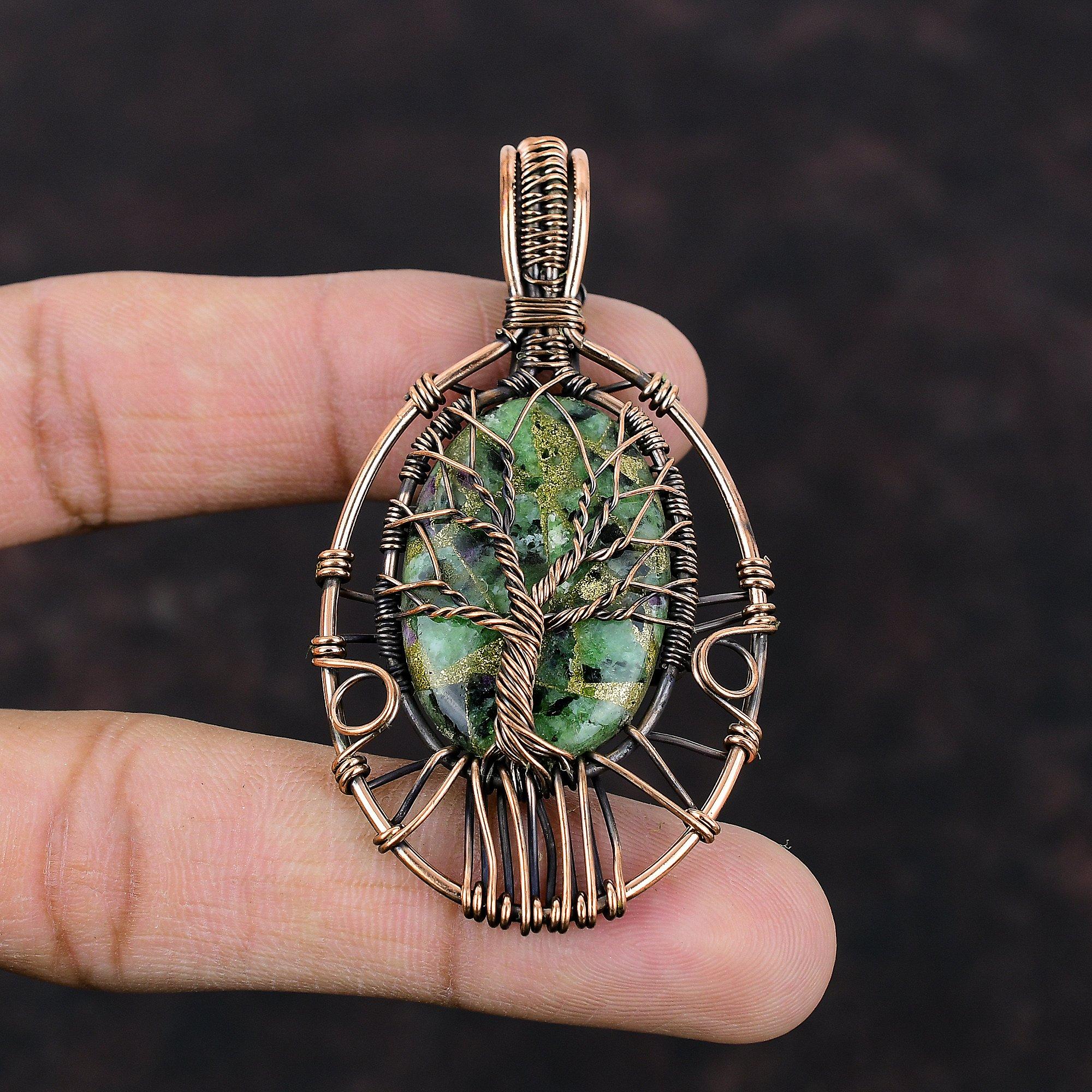 Tree Of Life Copper Ruby Zoisite Pendant Copper Wire Wrapped Pendant Handmade Jewelry Gemstone Pendant Gift For Mother Dainty Copper Jewelry