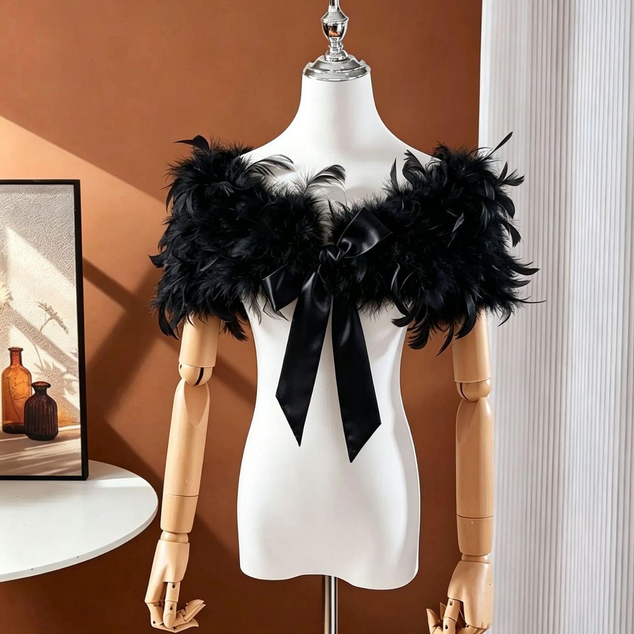 Feather Tulle Shoulder Wrap, Women Bowknot Shrug, Off Shoulder Cape for Wedding Party Halloween Cosplay Evening Dress Decor