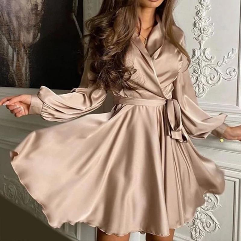 Autumn Winter Satin Long Sleeve V-Neck Mini Dress, Lantern Sleeve Elegant Tie Waist Cocktail Solid Color Temperament Commuter Short Skirt