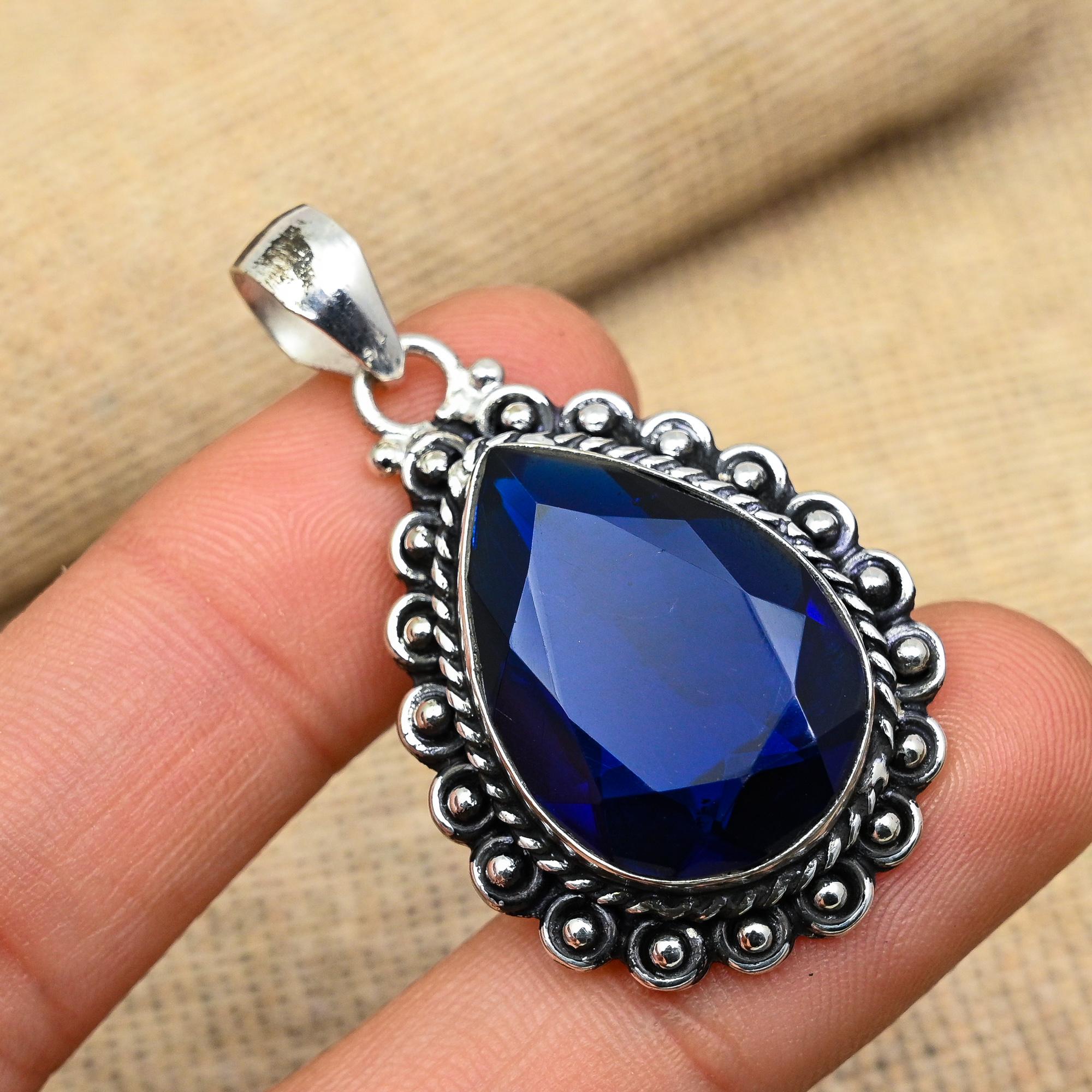 Pretty Blue Sapphire Lab-Created Gemstone Handmade 925 Solid Sterling Silver Jewelry Pendant