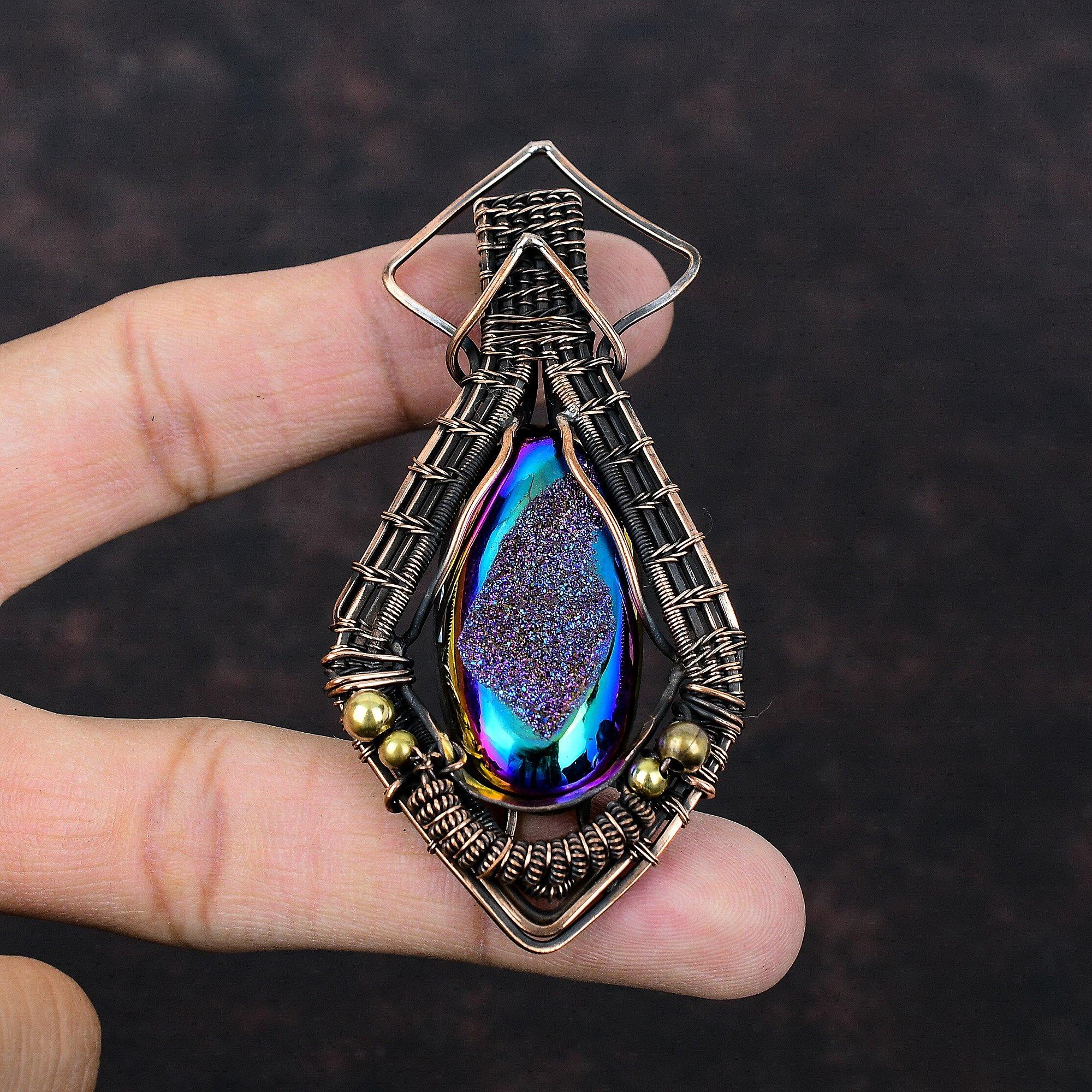 Подвеска из титановой друзы, подвеска из медной проволоки, подвеска из настоящего драгоценного камня, уникальное ювелирное изделие, подвеска ручной работы из медной проволоки, подарок для нее