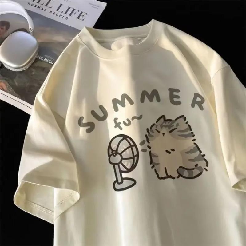 American Street Creative Blow Fan Cat Pure  T-shirt for Men and Women Summer Relaxed Short Sleeve Couple Wear INS Top Sense of Design Streetwear