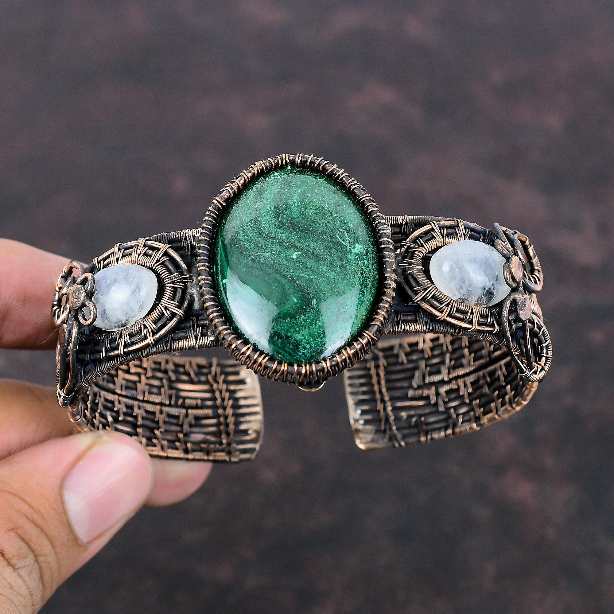 Malachite Gemstone Bangle Copper Wire Wrapped Cuff Bracelet Moonstone Bangle Handmade Adjustable Bangle Copper Wire Wrapped Jewelry For Gift