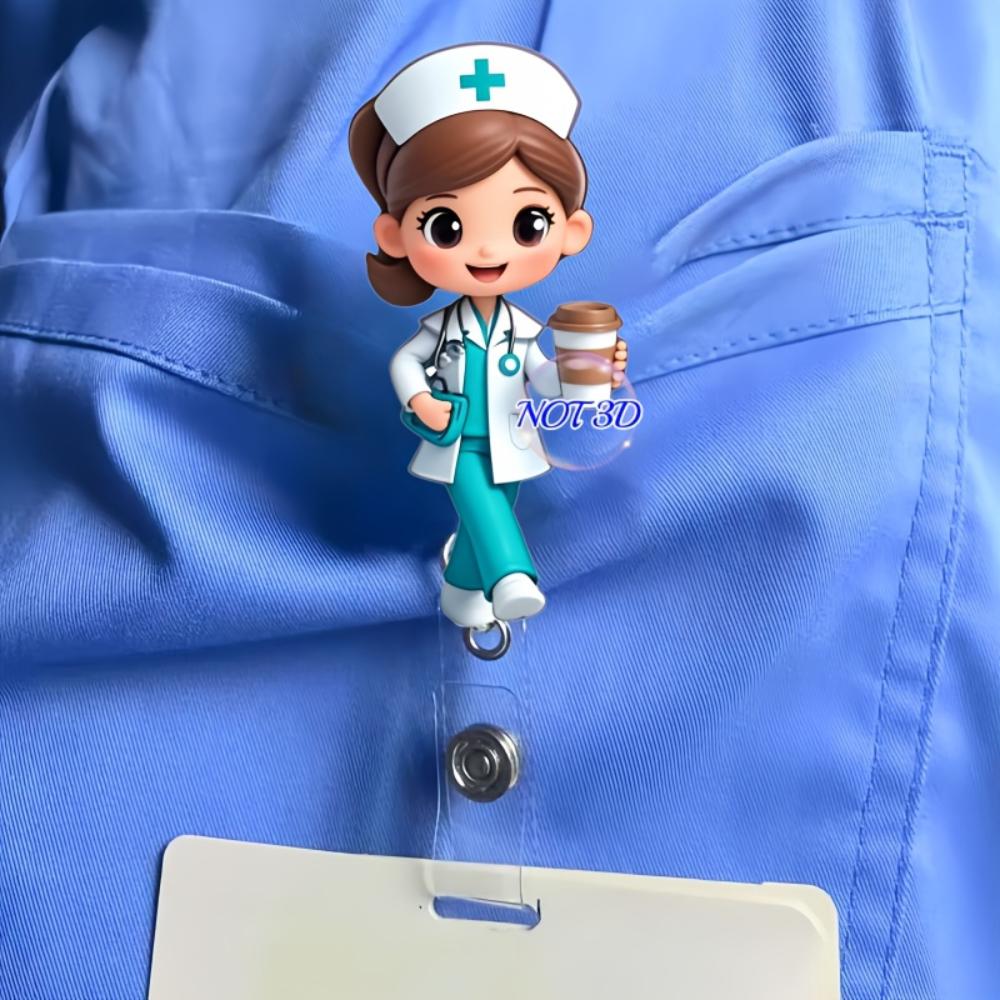 Cute Nurse with Coffee Retractable Badge Scroll Holder Medical ID Card Holder for Nurses, Doctors and Medical Students with Identity Accessories