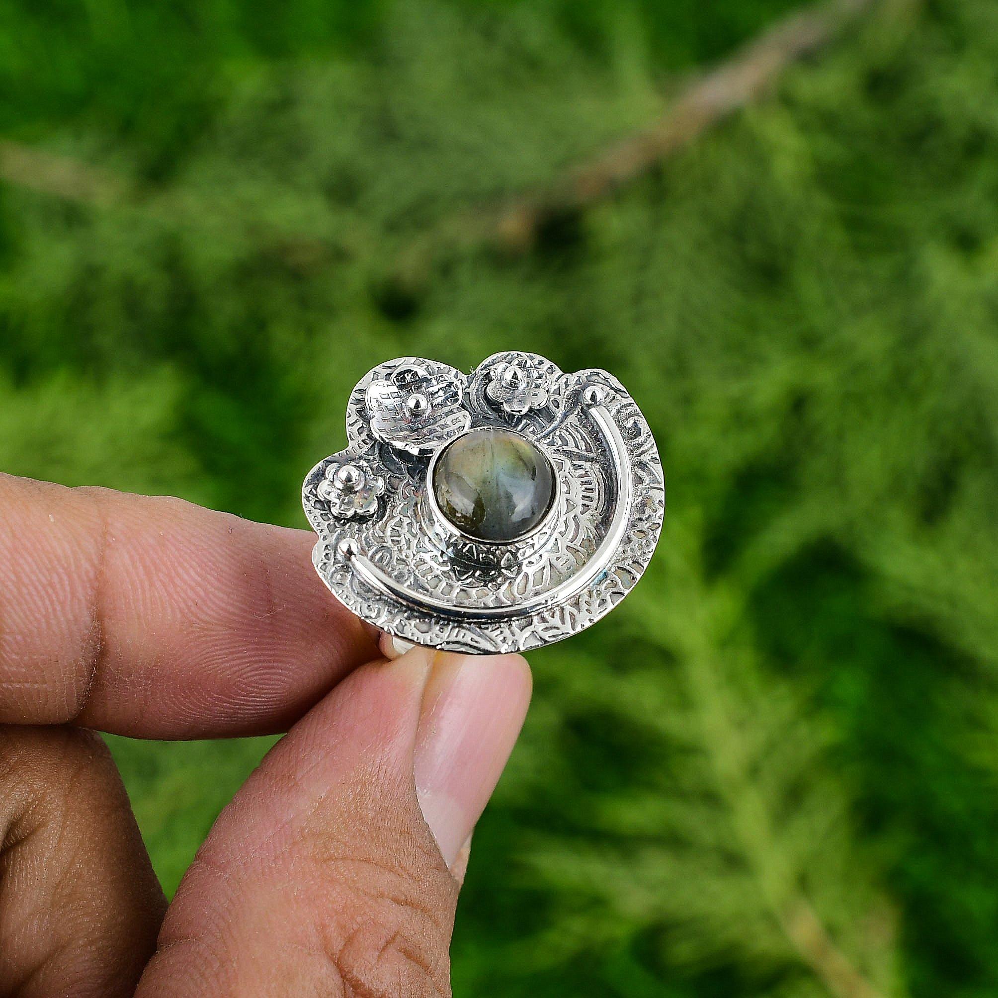 Gift For Her Natural Labradorite Stackable Flower Adjustable Ring 925 Silver
