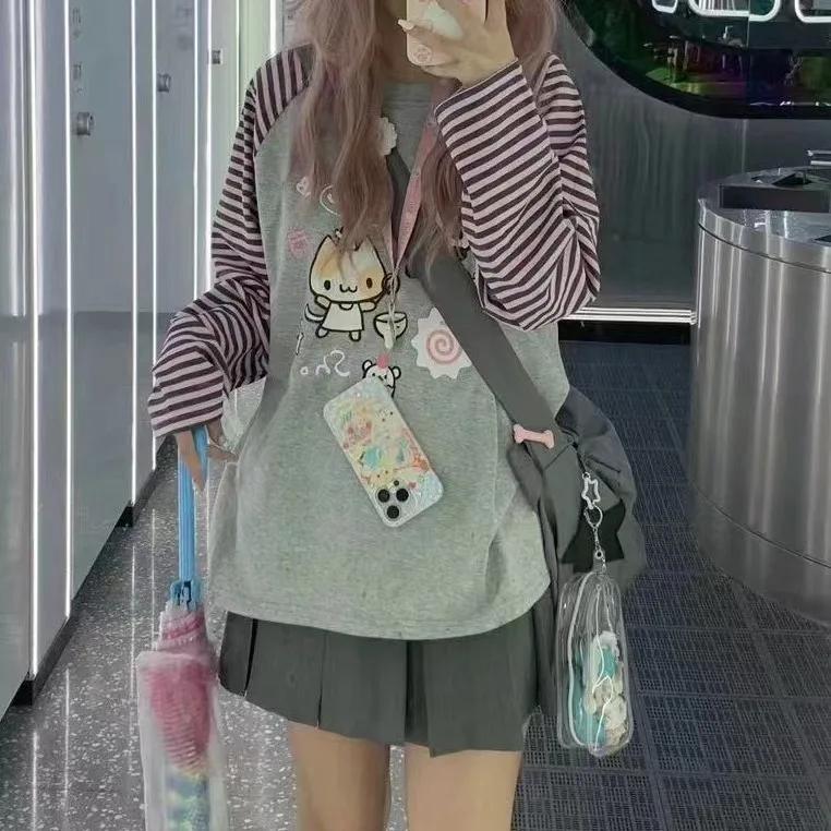 Y2k Harajuku Kawaii полосатая толстовка женская японская мода лоскутное толстовка с мультяшным принтом женская осень 2023 новинка в