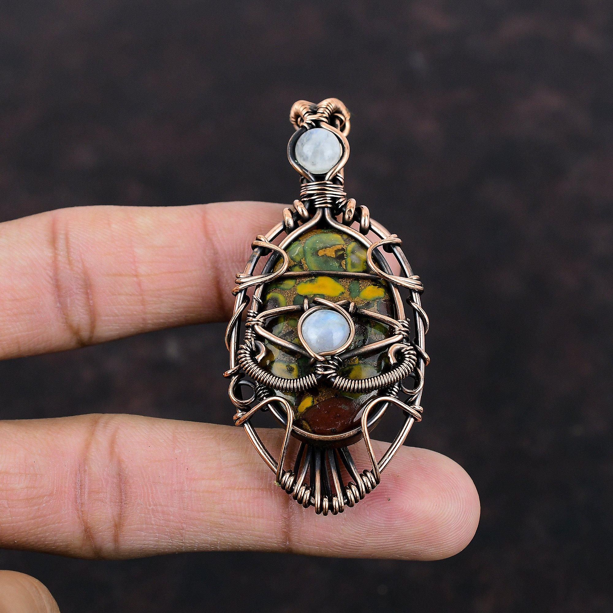 Медный кулон от сглаза, фруктовая яшма, медная проволочная обертка, кулон с радужным лунным камнем, уникальное ювелирное украшение от сглаза, подвеска ручной работы из драгоценного камня