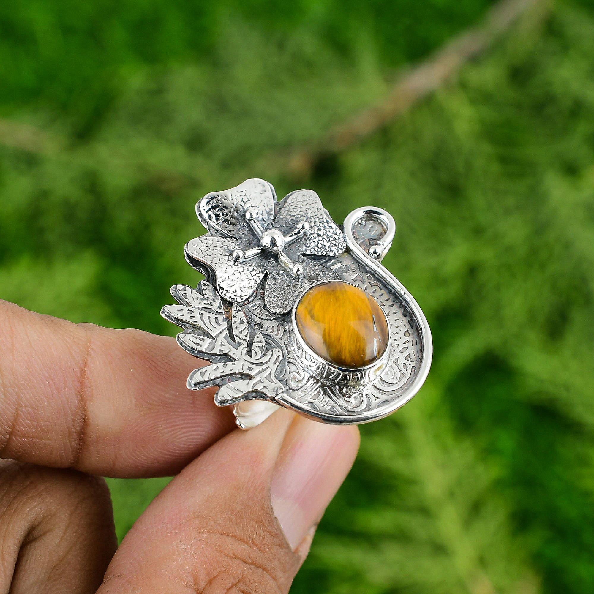 Gift For Her 925 Silver Natural TigerS Eye Solitaire Flower Adjustable Ring