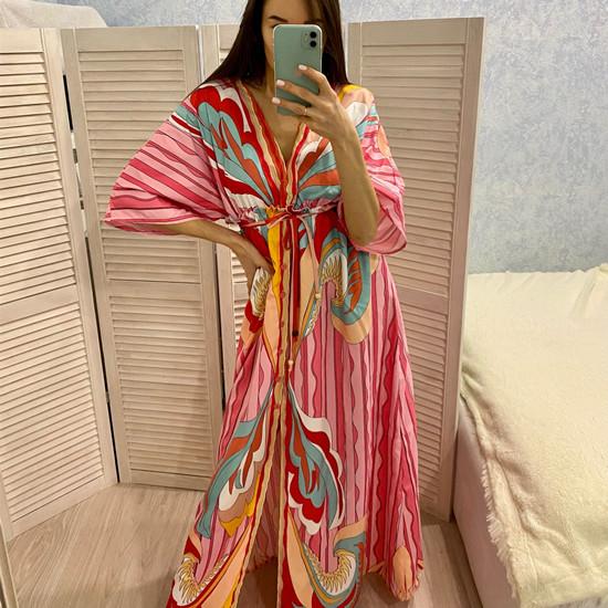 Накидки на бикини, длинное платье с принтом в стиле бохо, сексуальная пляжная туника с поясом, лето 2022, женская пляжная одежда, накидка для купального костюма