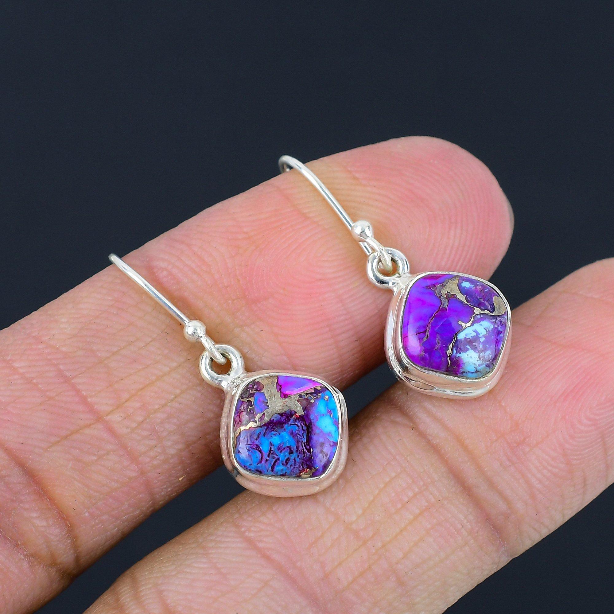 Purple Copper Turquoise Gemstone Earrings Solid 925 Sterling Silver Handmade Drop Dangle Earrings Jewelry Gift For Women & Girls