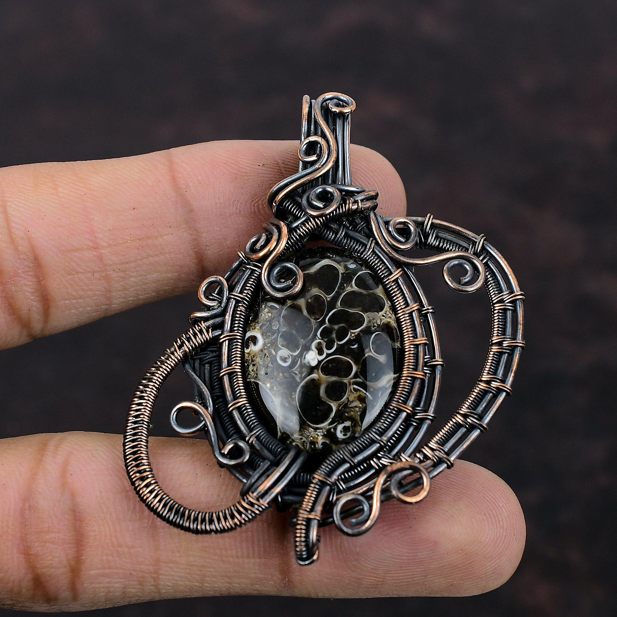 Подвеска из агата Turritella, подвеска из медной проволоки, подвеска из драгоценного камня, ювелирное украшение ручной работы из меди, свадебный подарок, дизайнерская подвеска