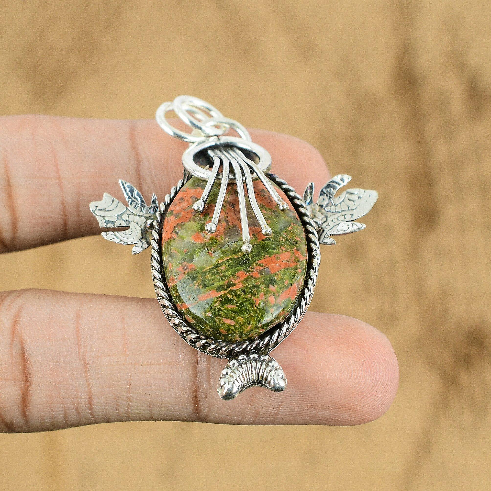 Natural Unakite Gemstone Indian Jewelry 925 Sterling Silver Pendant For Women