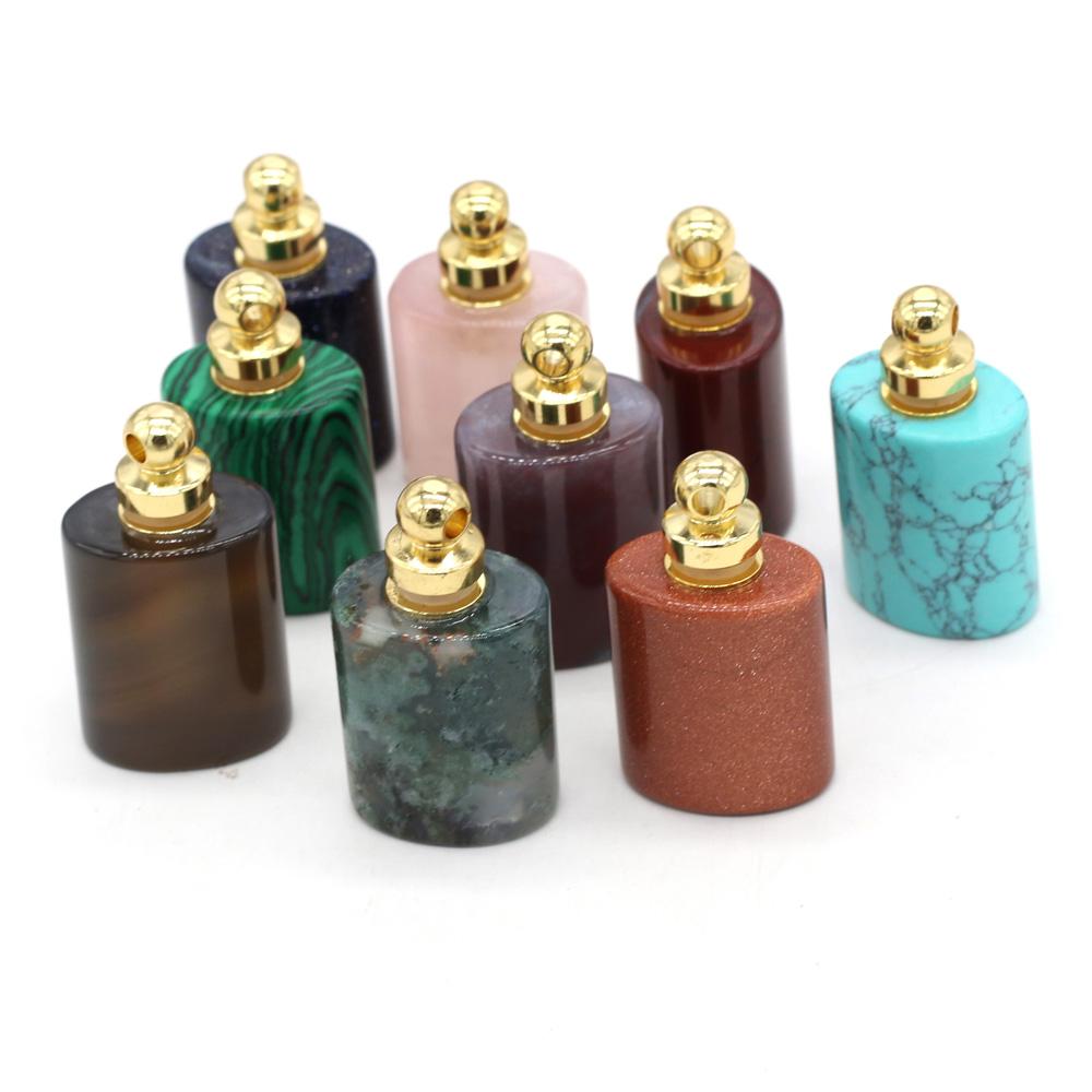 1Pc Flat Cylindrical Natural Stone Perfume Bottle Pendant, Reiki Healing Crystal Gems Charms for DIY Necklace Hanging Decorative Jewelry Making Crafts