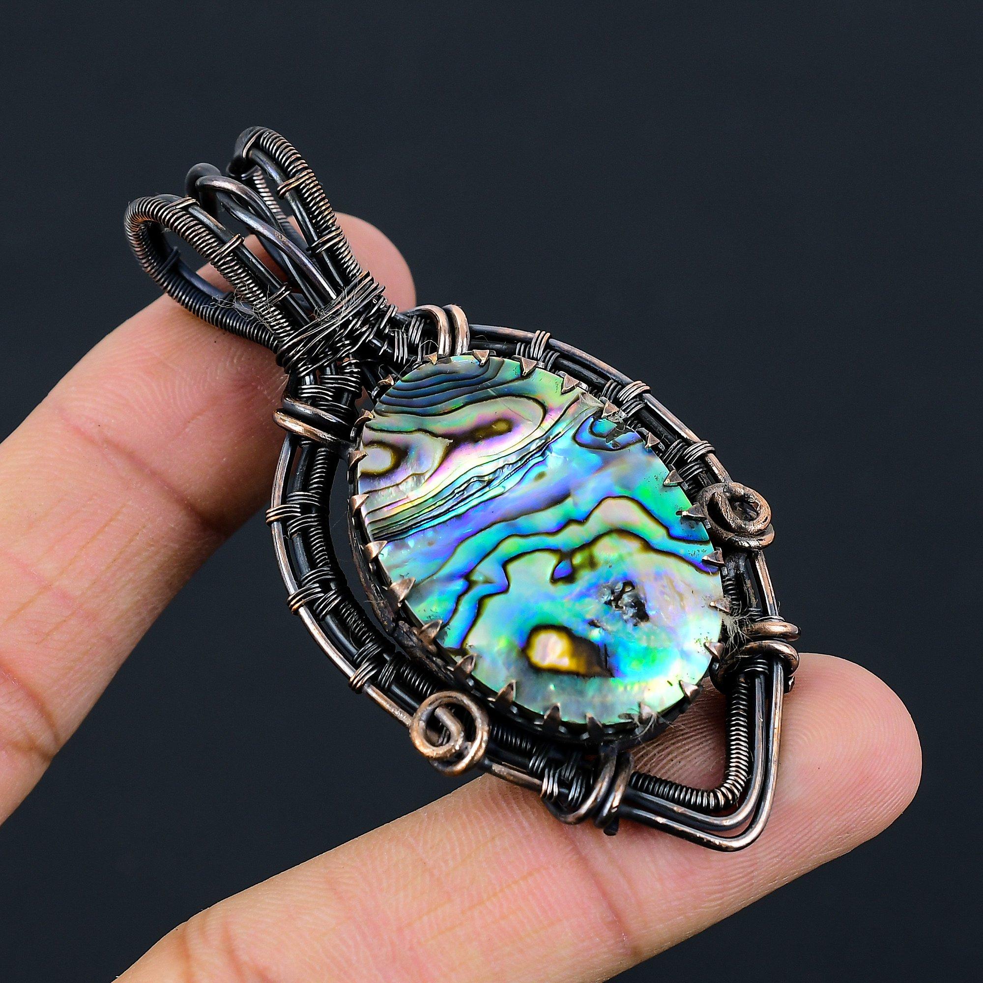 Abalone Shell Gemstone Чистая медная проволока Обернутая подвеска ручной работы Уникальные ювелирные изделия