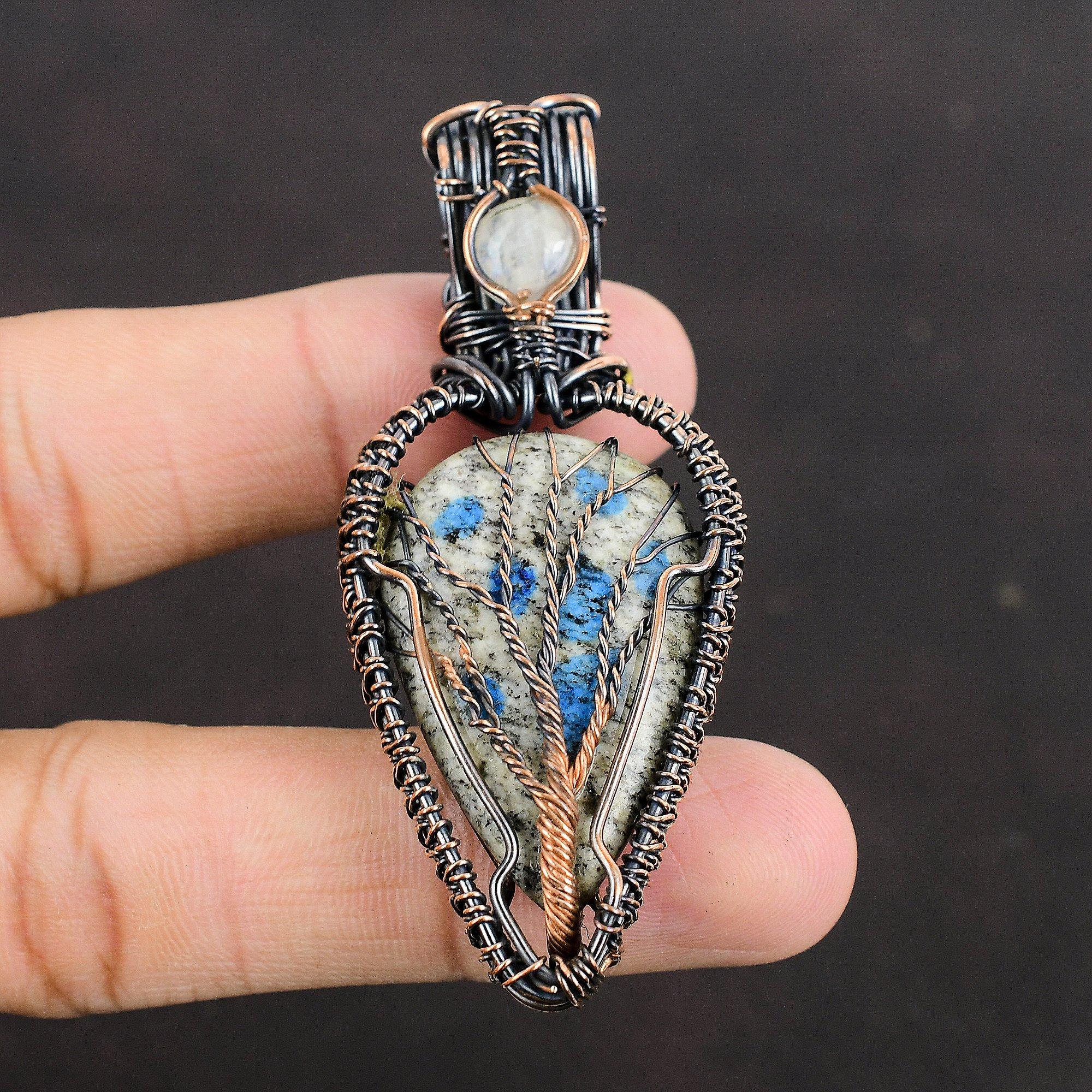 Древо жизни K2 Яшма Медный кулон Медная проволока обернутая ювелирные изделия ручной работы Подвеска из настоящего драгоценного камня Древо жизни Ювелирные изделия Лунный камень Проволока кулон